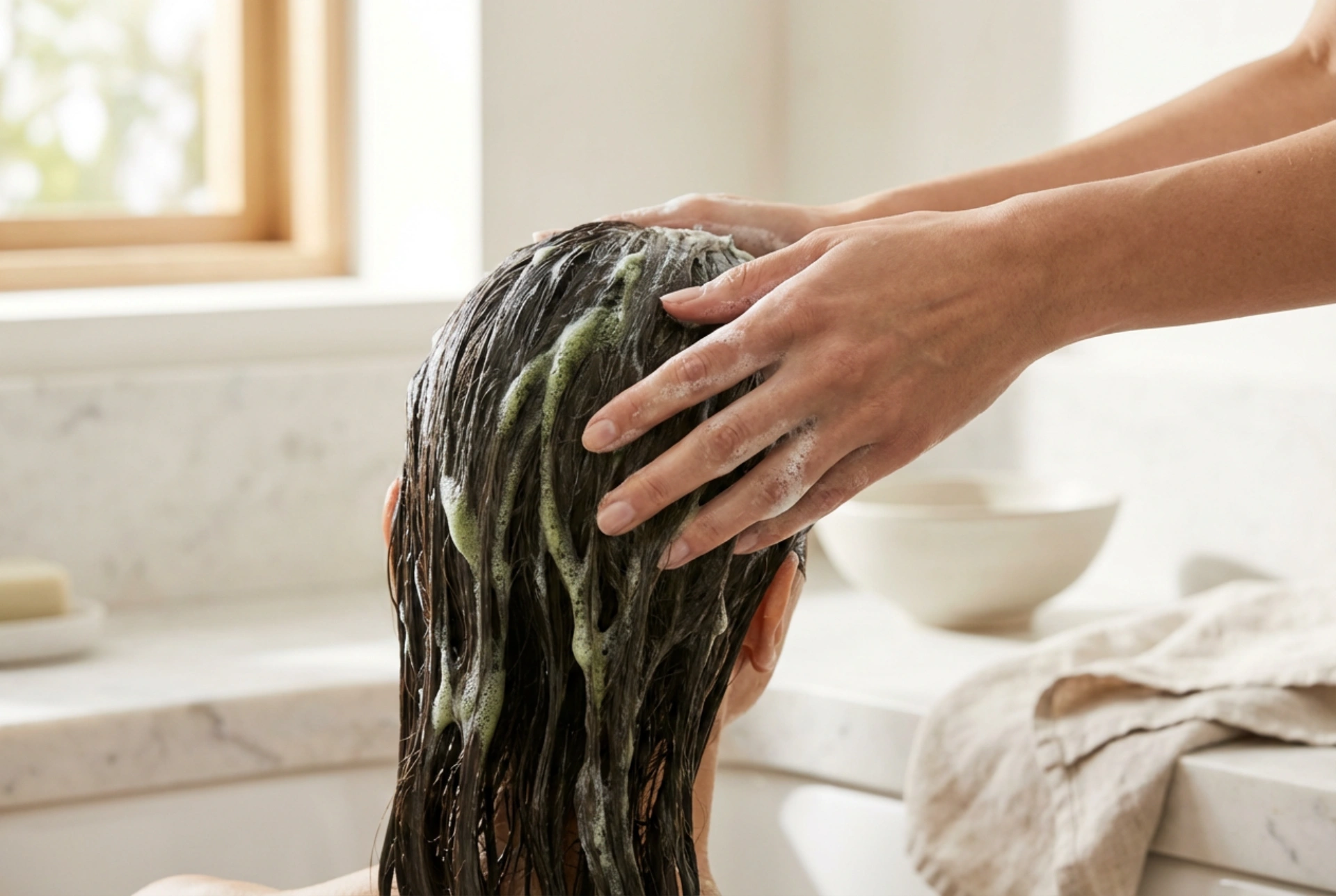 Shampooing vert pour neutraliser les tons rouges : choix et technique de lavage