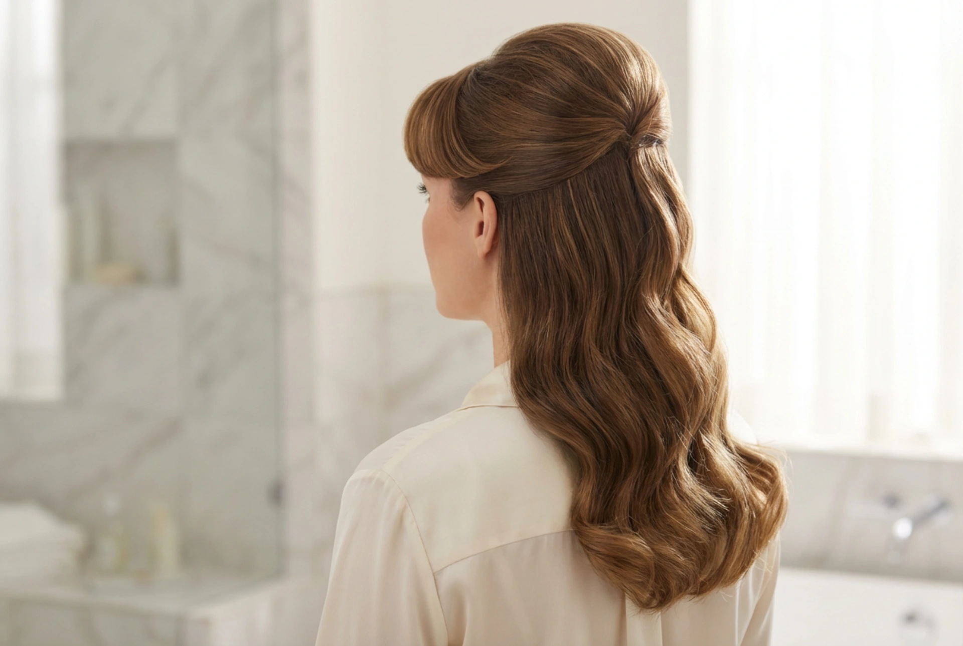 Coiffure des années 60 : frange volumineuse, ondulations souples et laque