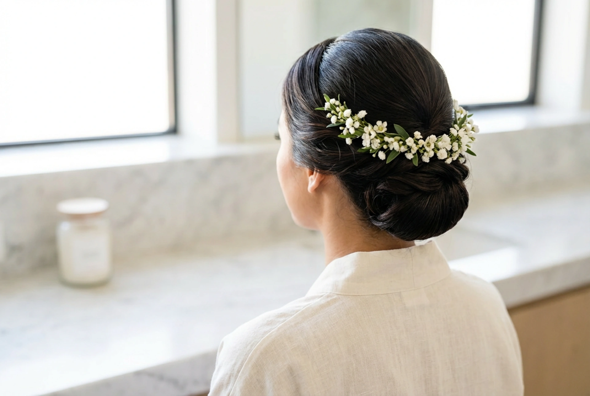 Ondulations et chignons subtils : coiffure de cérémonie avec couronne de fleurs sans frisottis