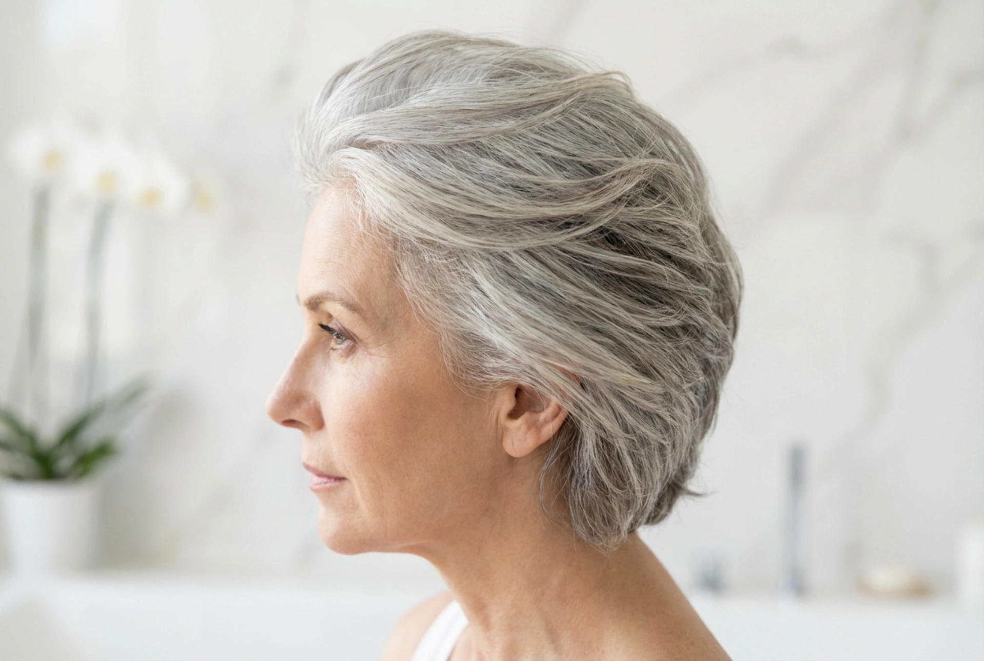 Simplicité stylée : coiffure pour cheveux gris avec brillance et texture