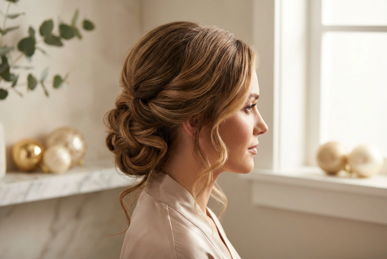 Élégance sans précipitation : coiffure de fête, ondulations classiques et chignons
