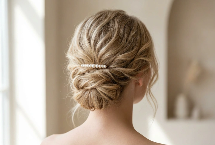 Coiffure élégante pour un mariage civil : chignons bas, ondulations et accessoires