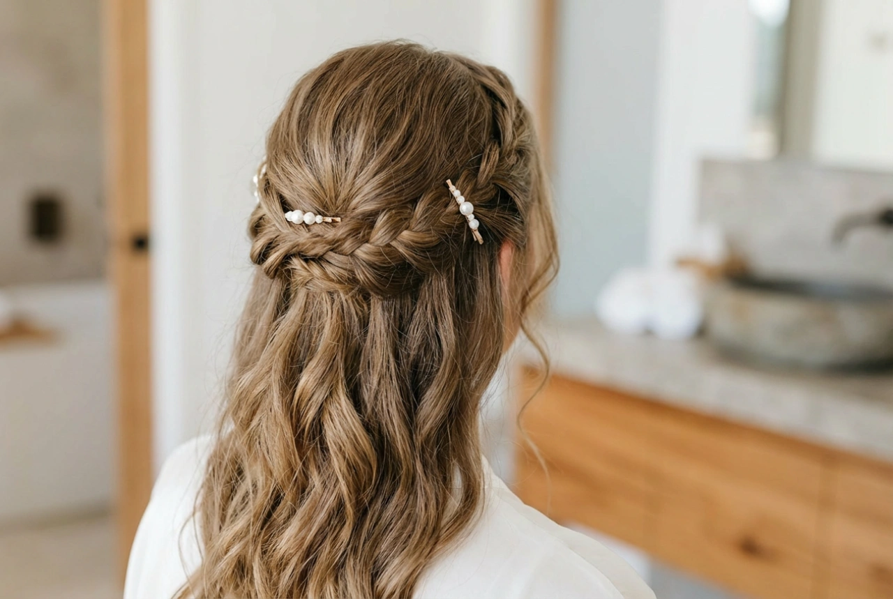 Coiffure romantique et délicate : ondulations souples, tresses lâches et barrettes