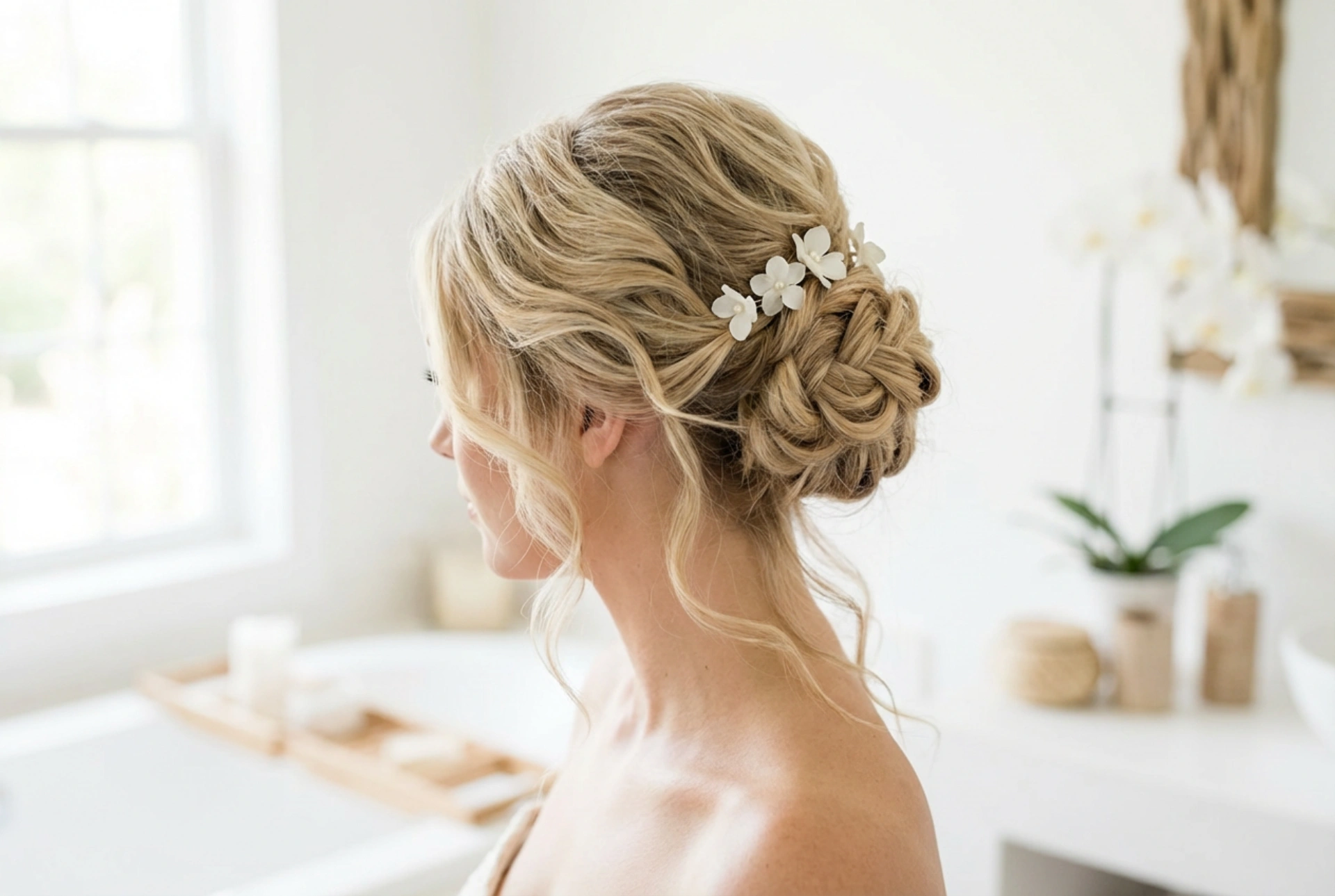 Coiffure de mariée : cheveux longs en chignons romantiques et ondulations