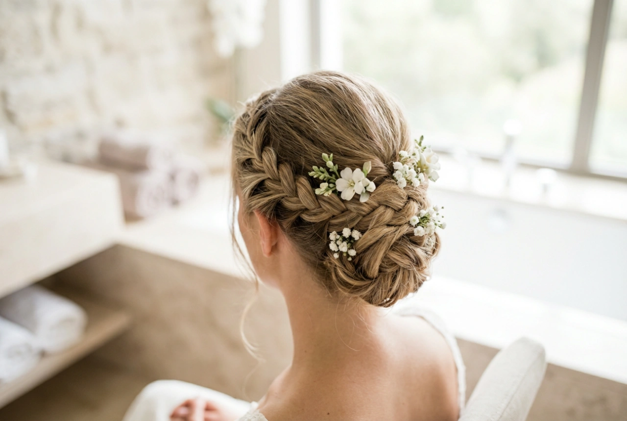 Coiffure de mariée avec couronne de fleurs : comment fixer les tresses et attacher les fleurs