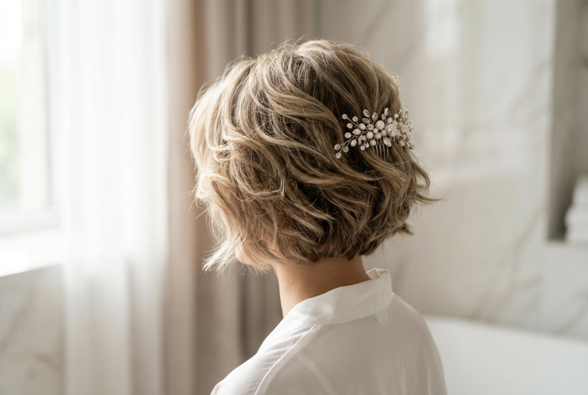 Cheveux courts pour un mariage : coiffure de mariée volumineuse sur cheveux courts