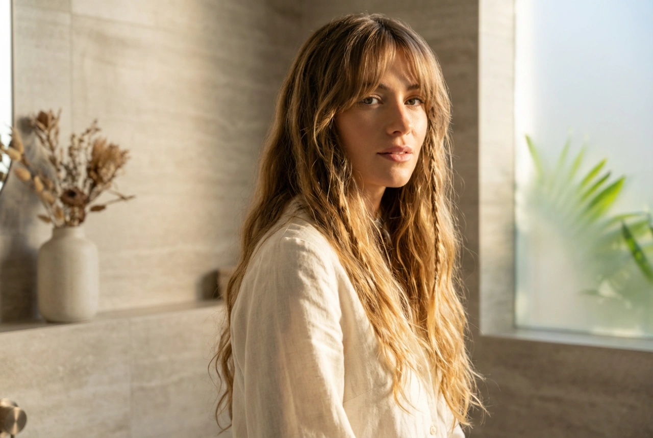 Le style boho en pratique : coiffure des années 70, frange rideau et ondulations