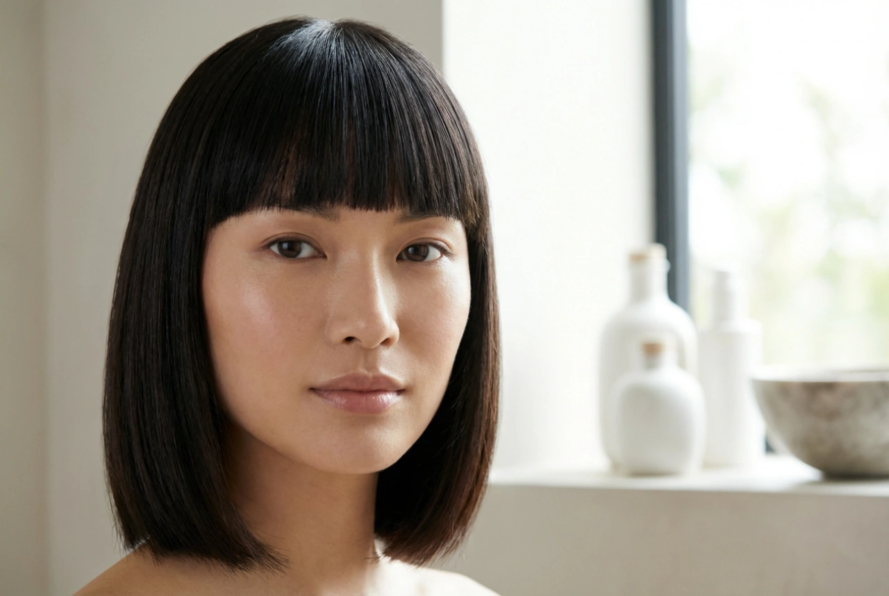 Lignes lisses : la coiffure avec frange droite et contrôle du volume