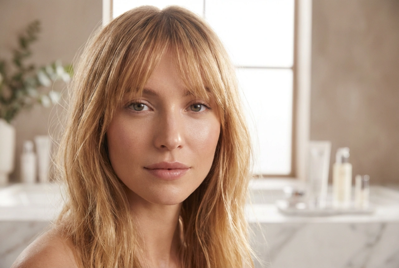 Coiffures pour visage allongé et long nez : frange douce et harmonie des proportions