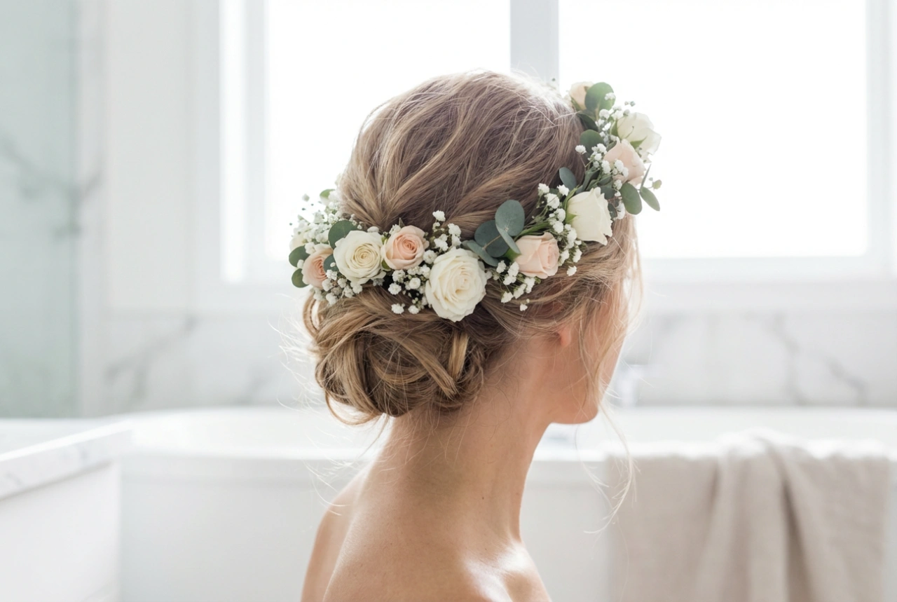 Coiffures romantiques : chignons avec couronne de fleurs pour mariage et été