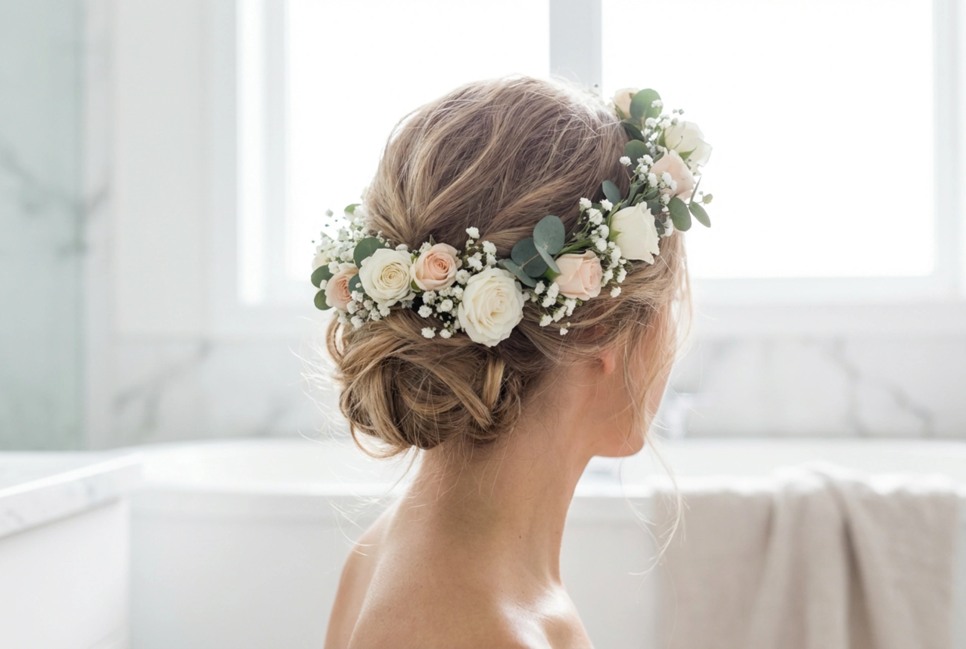 Coiffures romantiques : chignons avec couronne de fleurs pour mariage et été