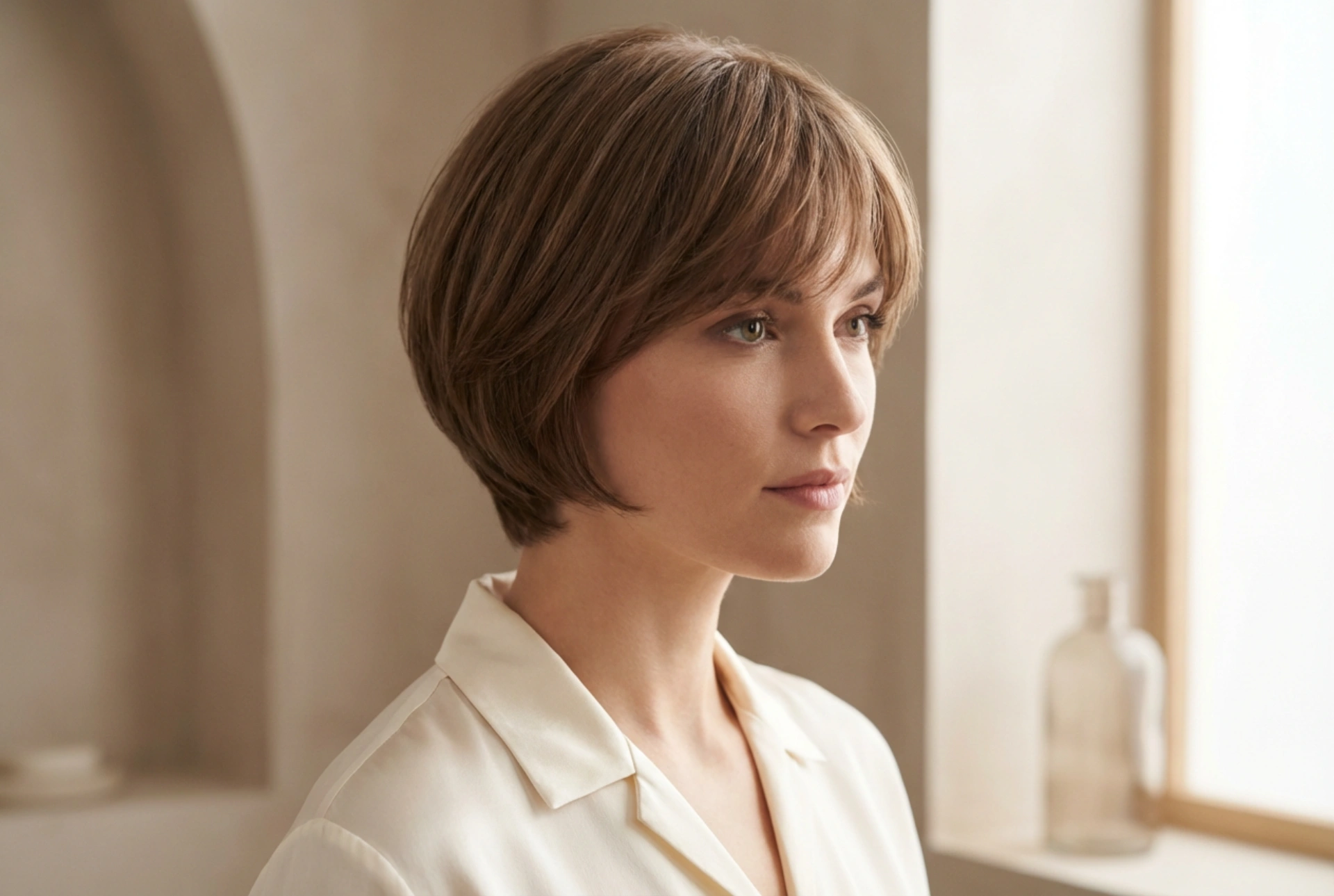 Coupe courte avec frange : volume aux racines et finition douce