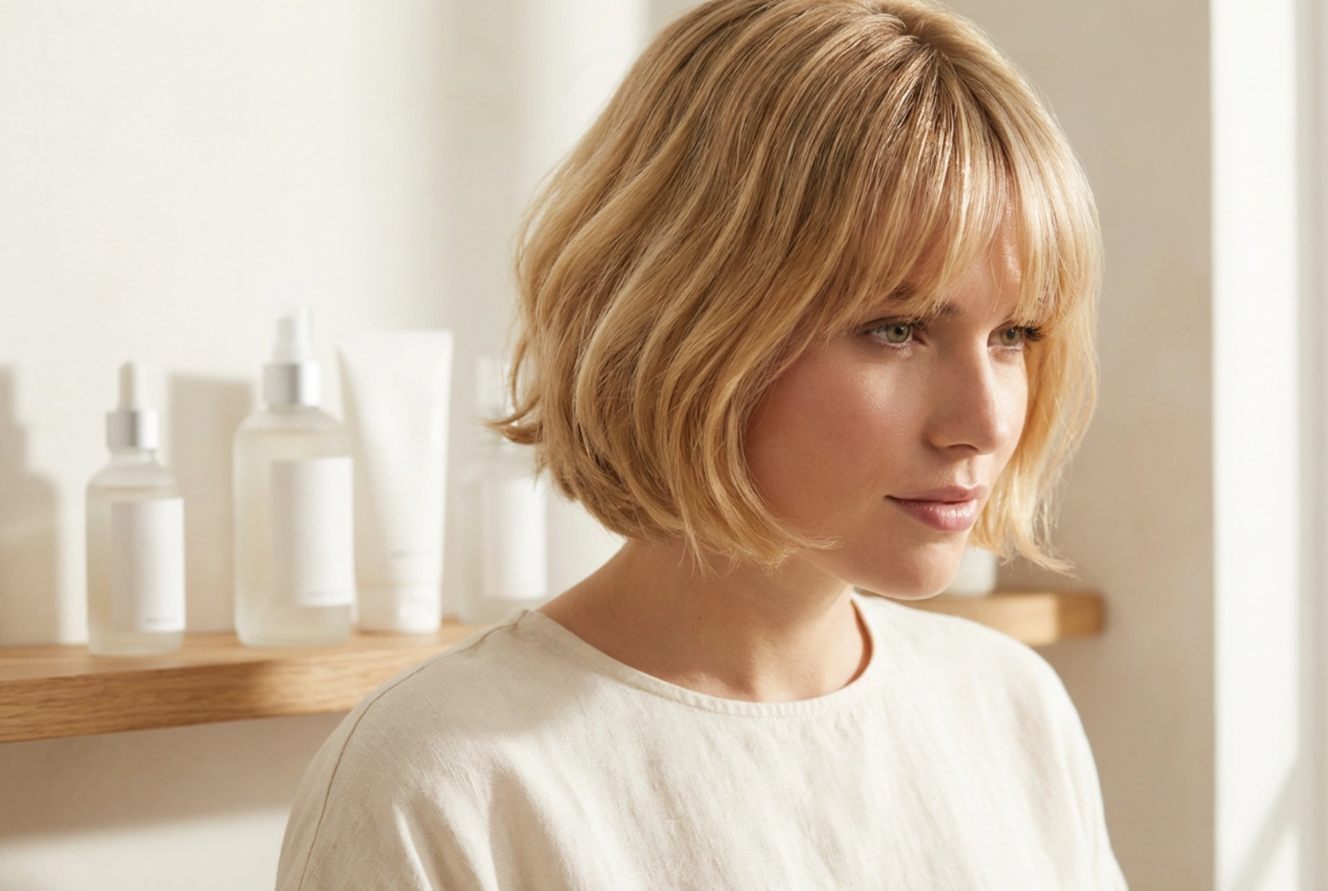 Cheveux blonds courts avec frange : protection de la couleur et volume