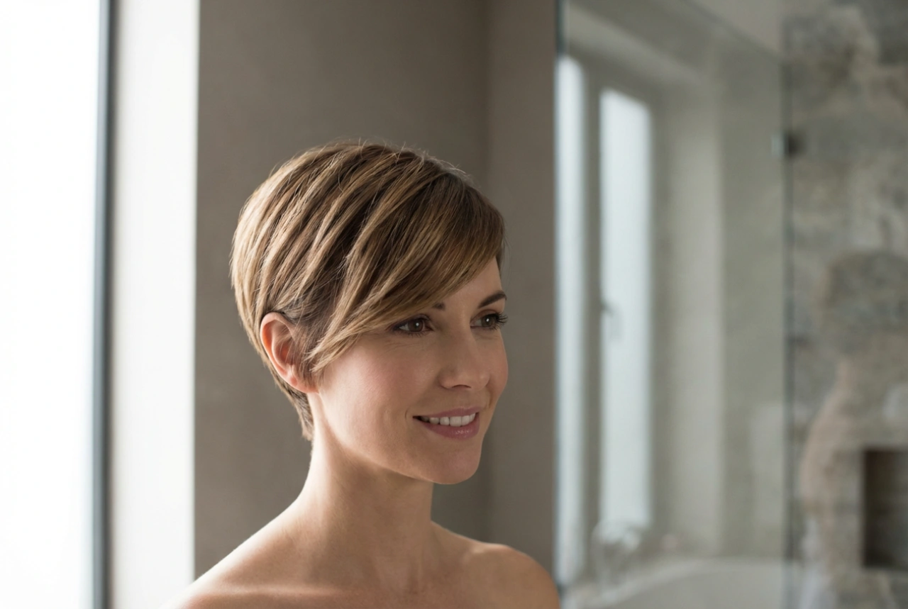 Cheveux courts dégradés avec une frange sur le côté : comment les coiffer