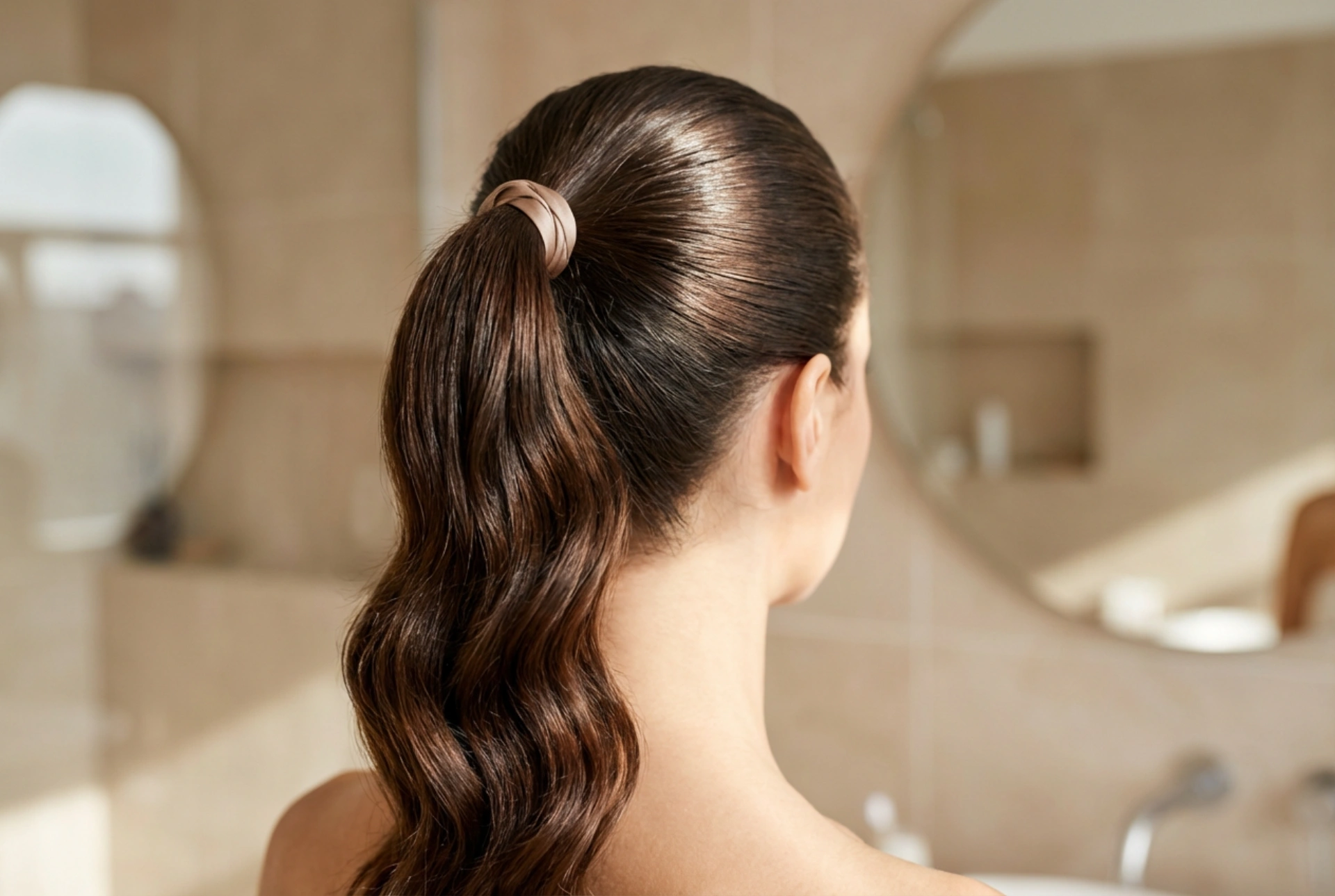 Coiffure rapide pour une soirée : ondulations, queue de cheval haute et effet mouillé