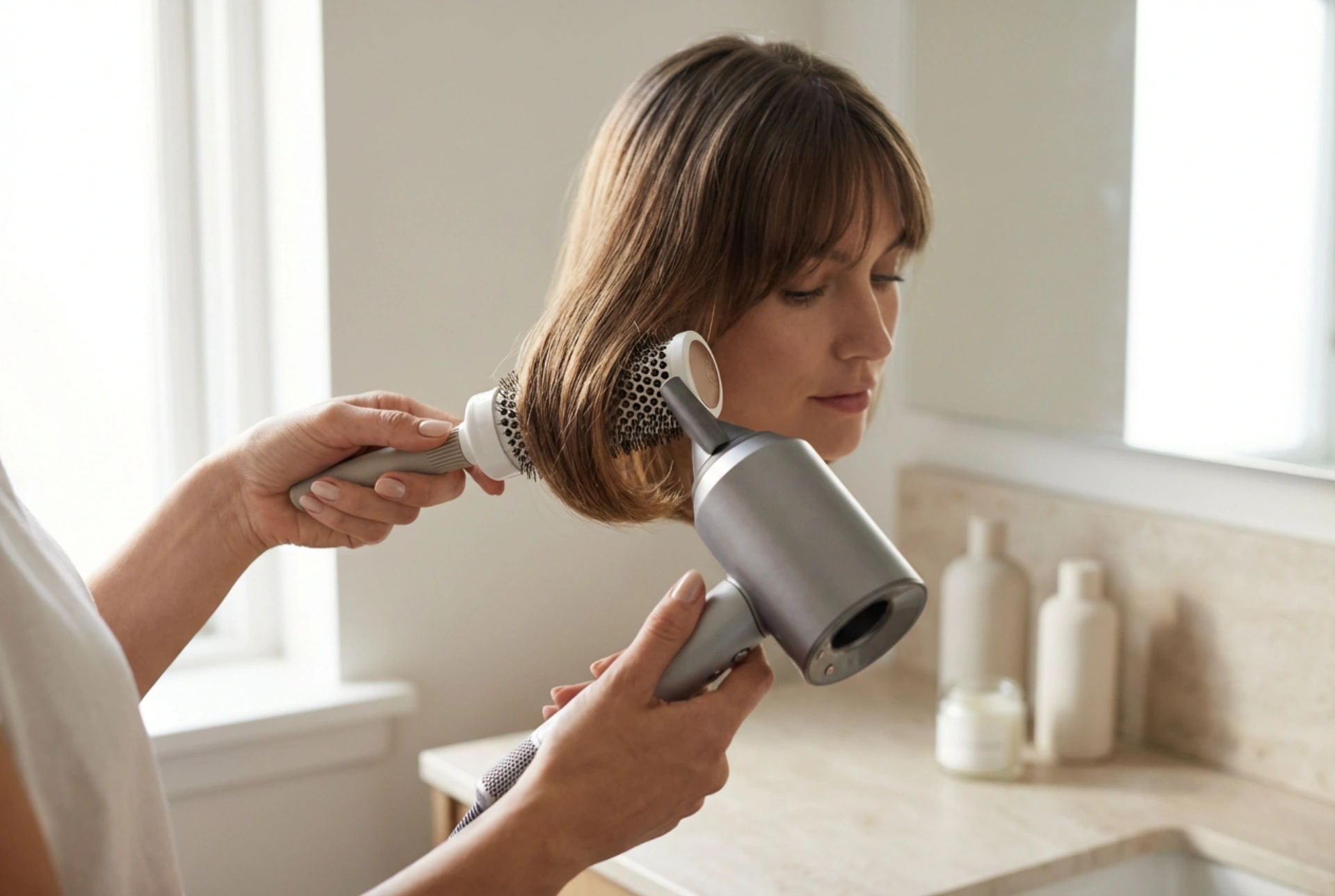 Cheveux mi-longs avec frange : séchage, coiffage et fixation durable