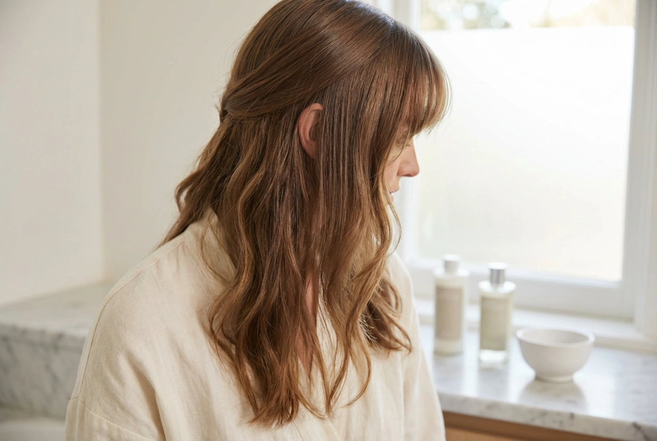 Cheveux longs avec frange : comment associer raie, ondulations et lissage