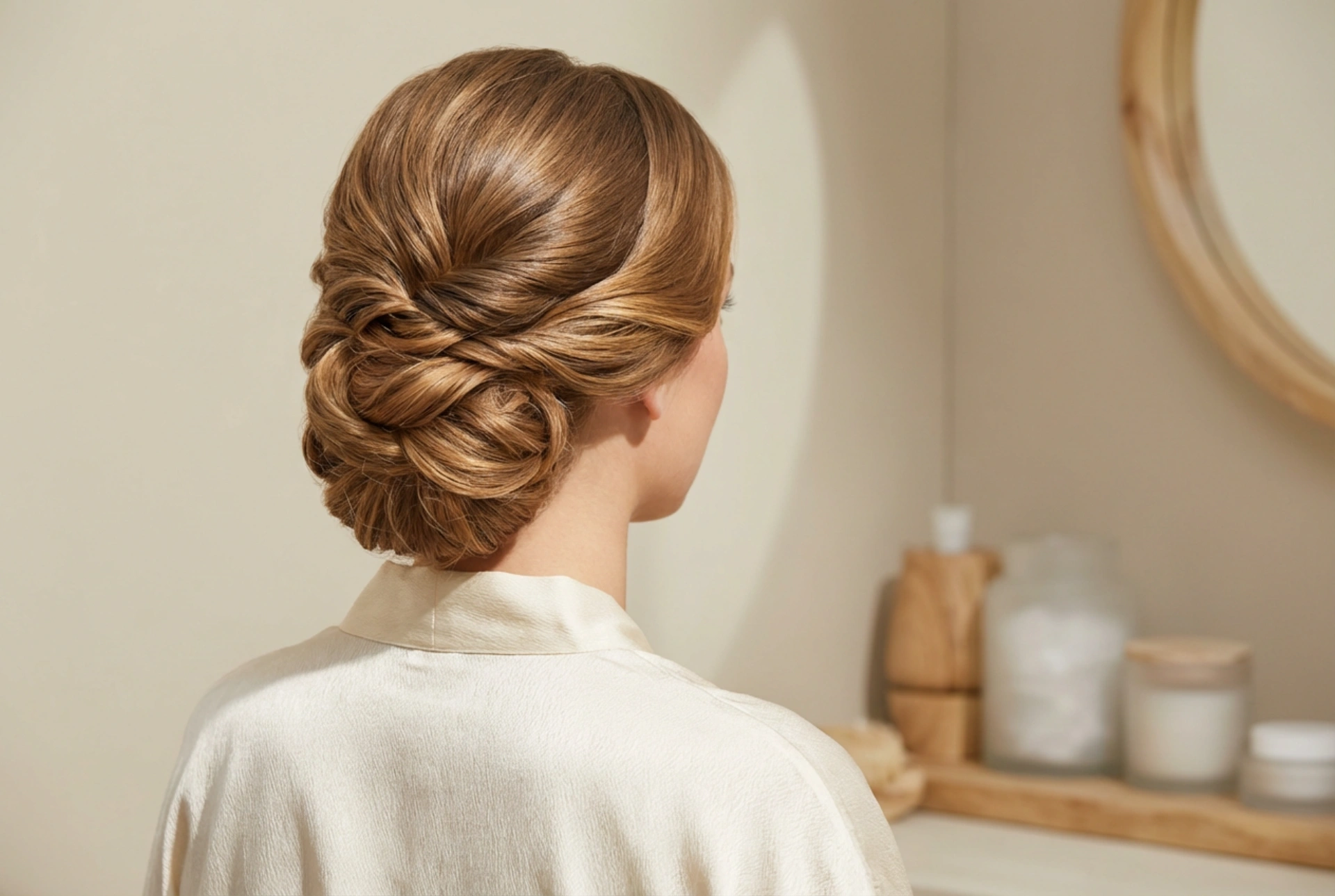 Coiffure élégante pour cheveux longs : chignon, ondulations et mèches lisses