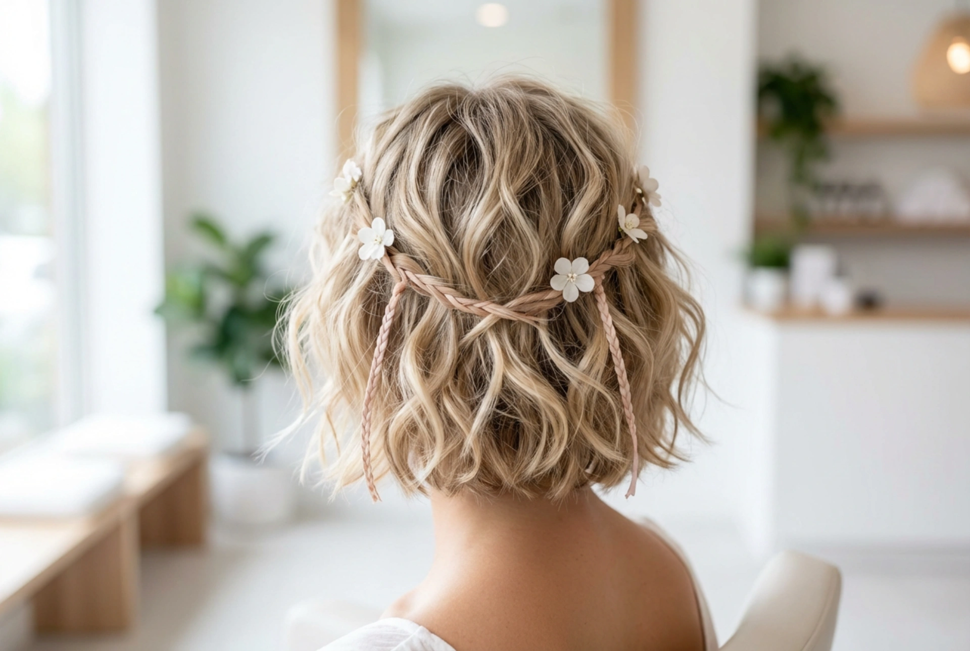 Coiffure boho pour cheveux courts : texture naturelle, ondulations et ornements