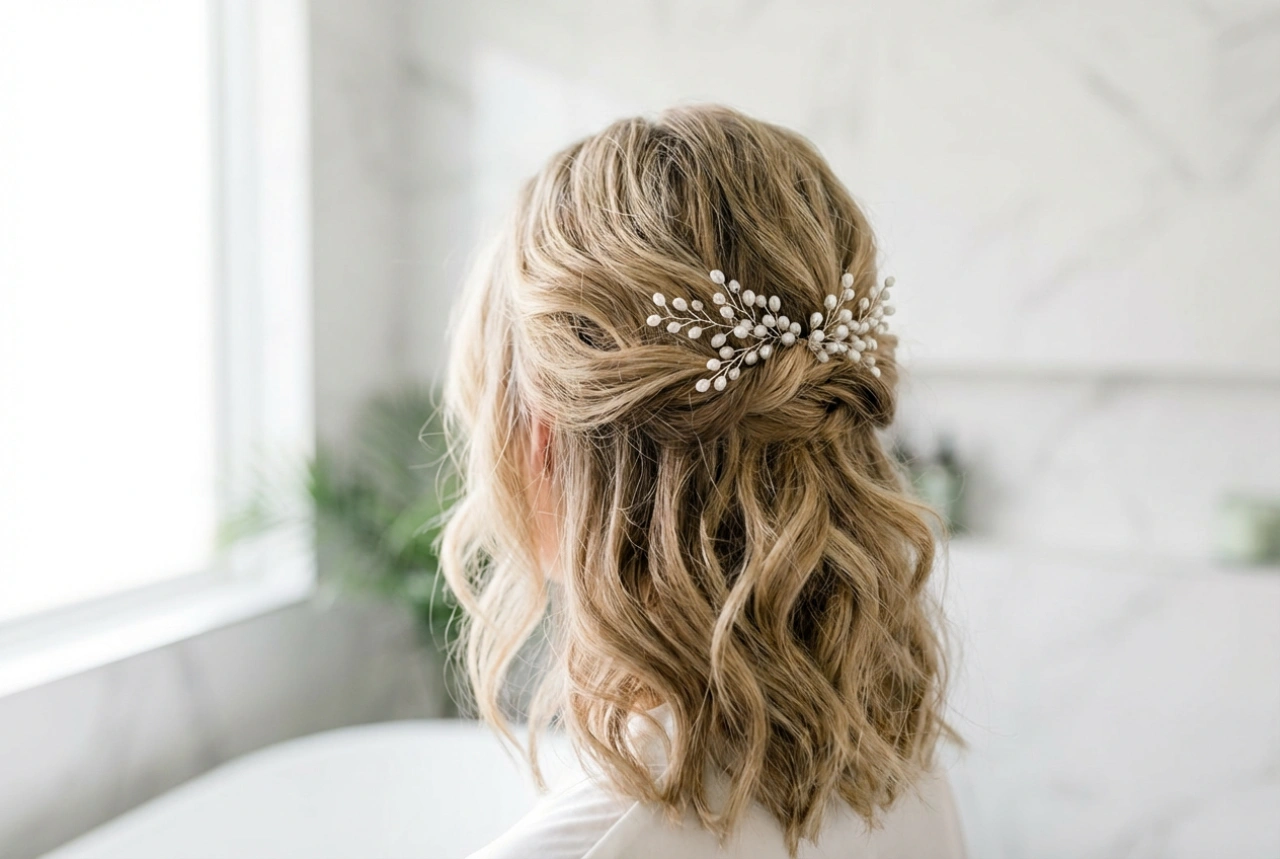 Légère et romantique : coiffure de mariage pour cheveux mi-longs