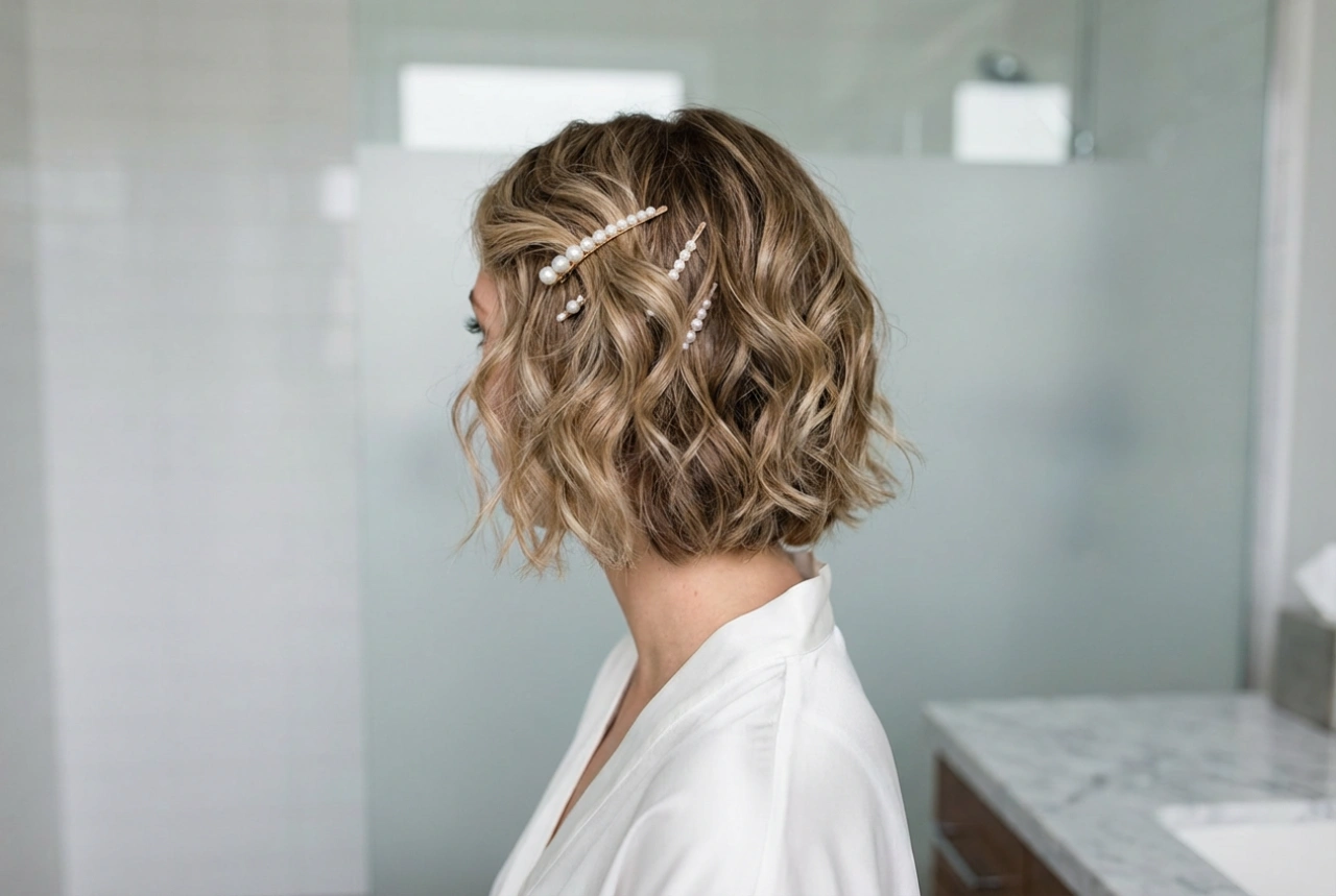 Accessoires et texture : coiffure de mariage pour cheveux courts