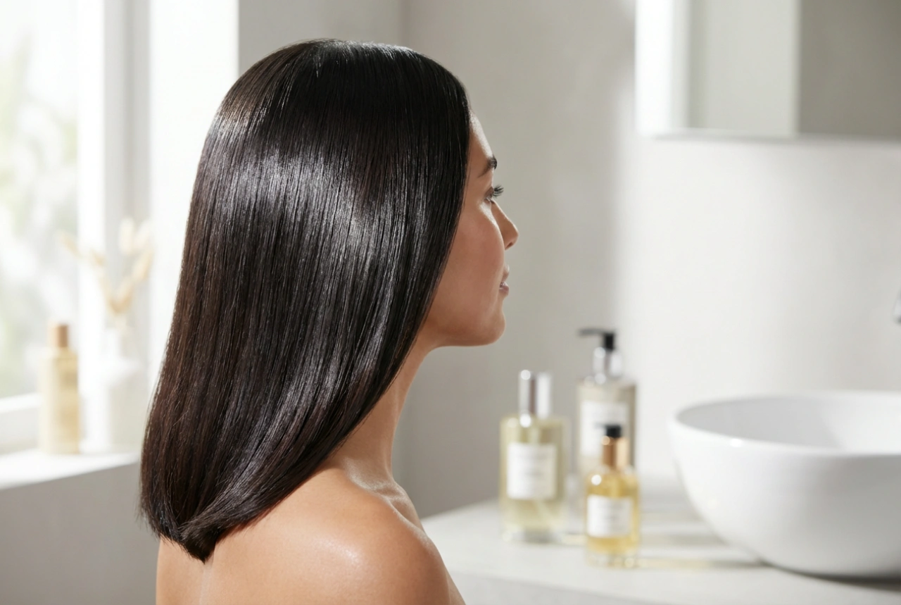 Coiffure : des cheveux lisses aux épaules avec un effet miroir, étape par étape