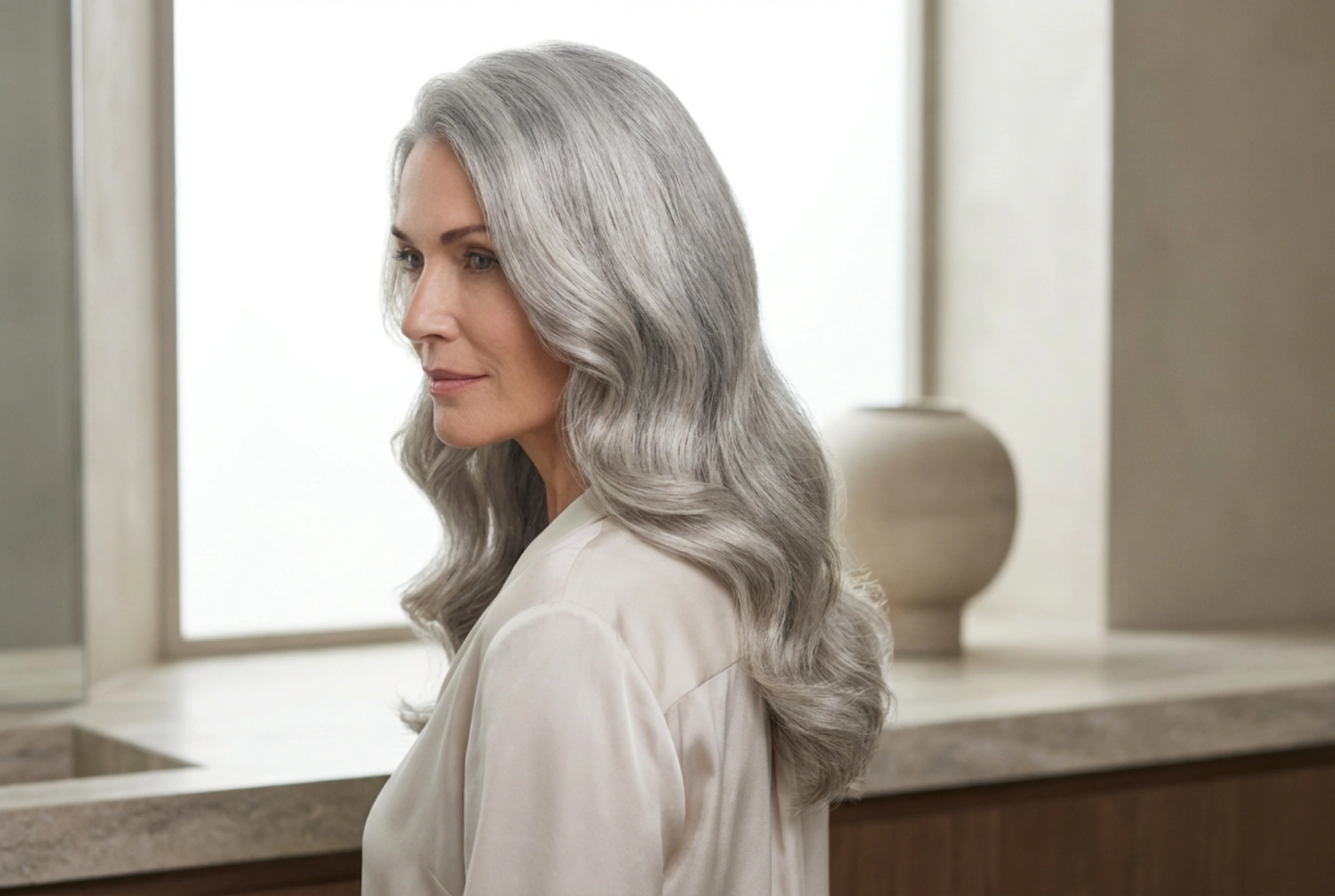 Coiffure : cheveux gris brillants, lissage, ondulations et fixation