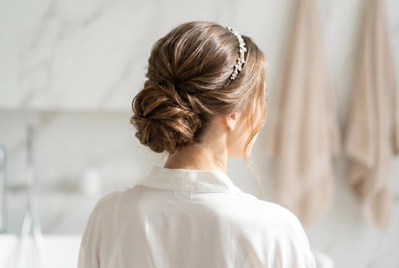 Coiffure de mariage avec un bandeau : préparation des cheveux, chignons, tenue
