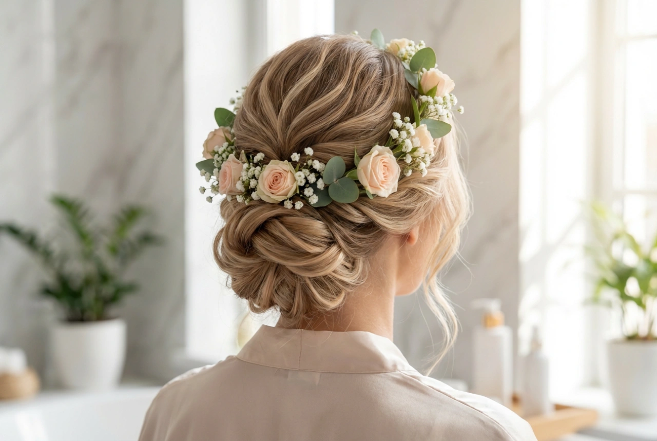 Avec une couronne de fleurs : coiffure de mariée, chignons légers et ondulations pour toute la journée