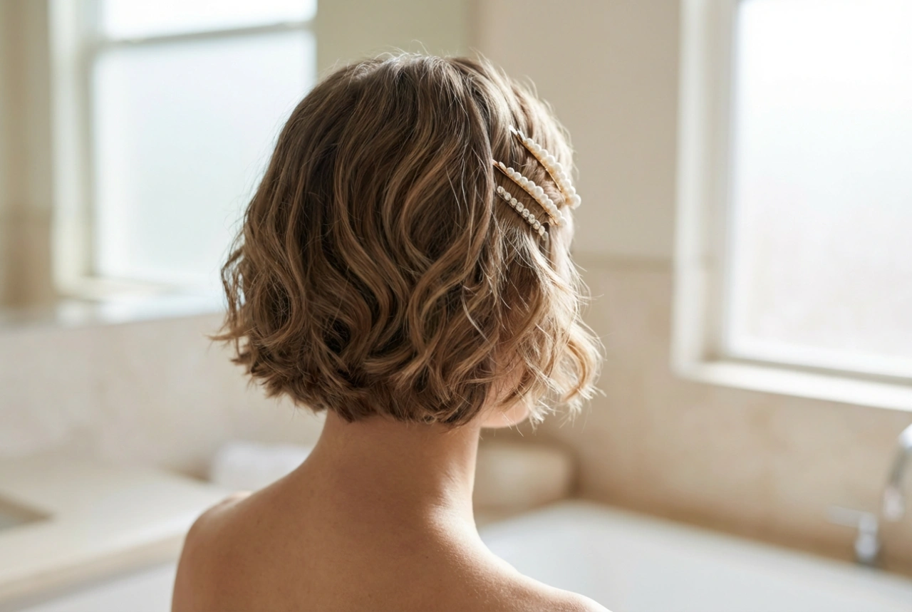 Coiffure de mariage : cheveux courts élégamment coiffés avec des accessoires