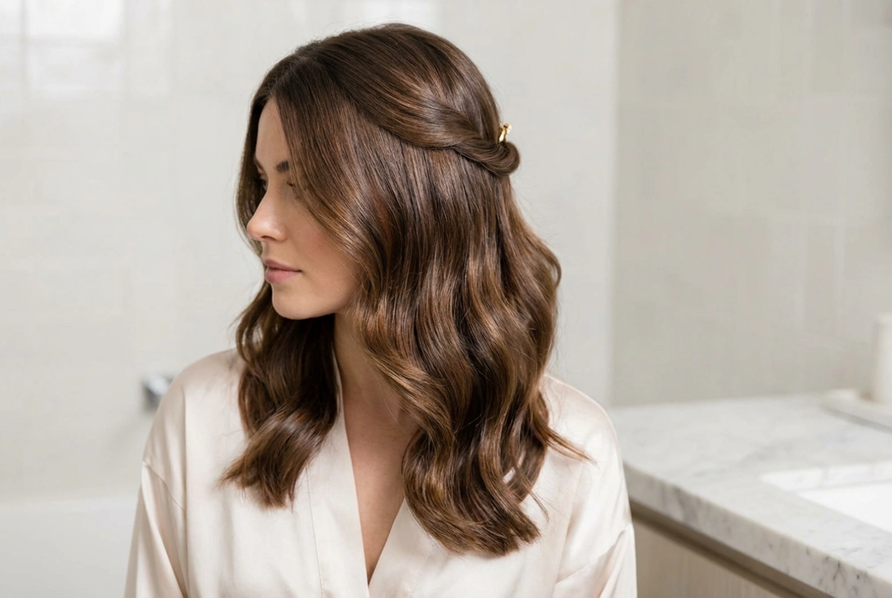 Coiffure de soirée pour cheveux mi-longs : ondulations, demi-attaches et chignon bas