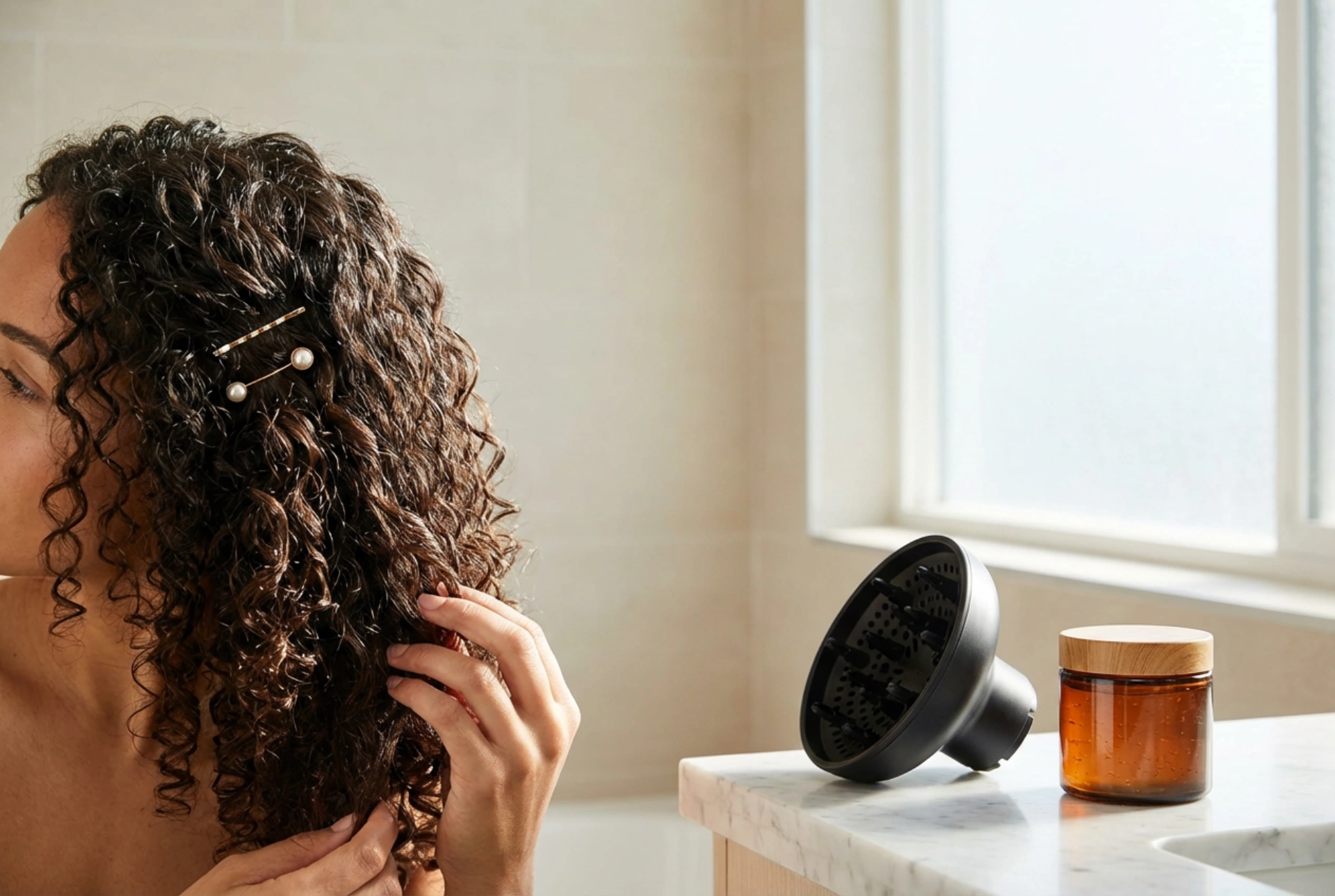 Coiffure : définir et sublimer les cheveux bouclés avec un diffuseur, du gel et des accessoires