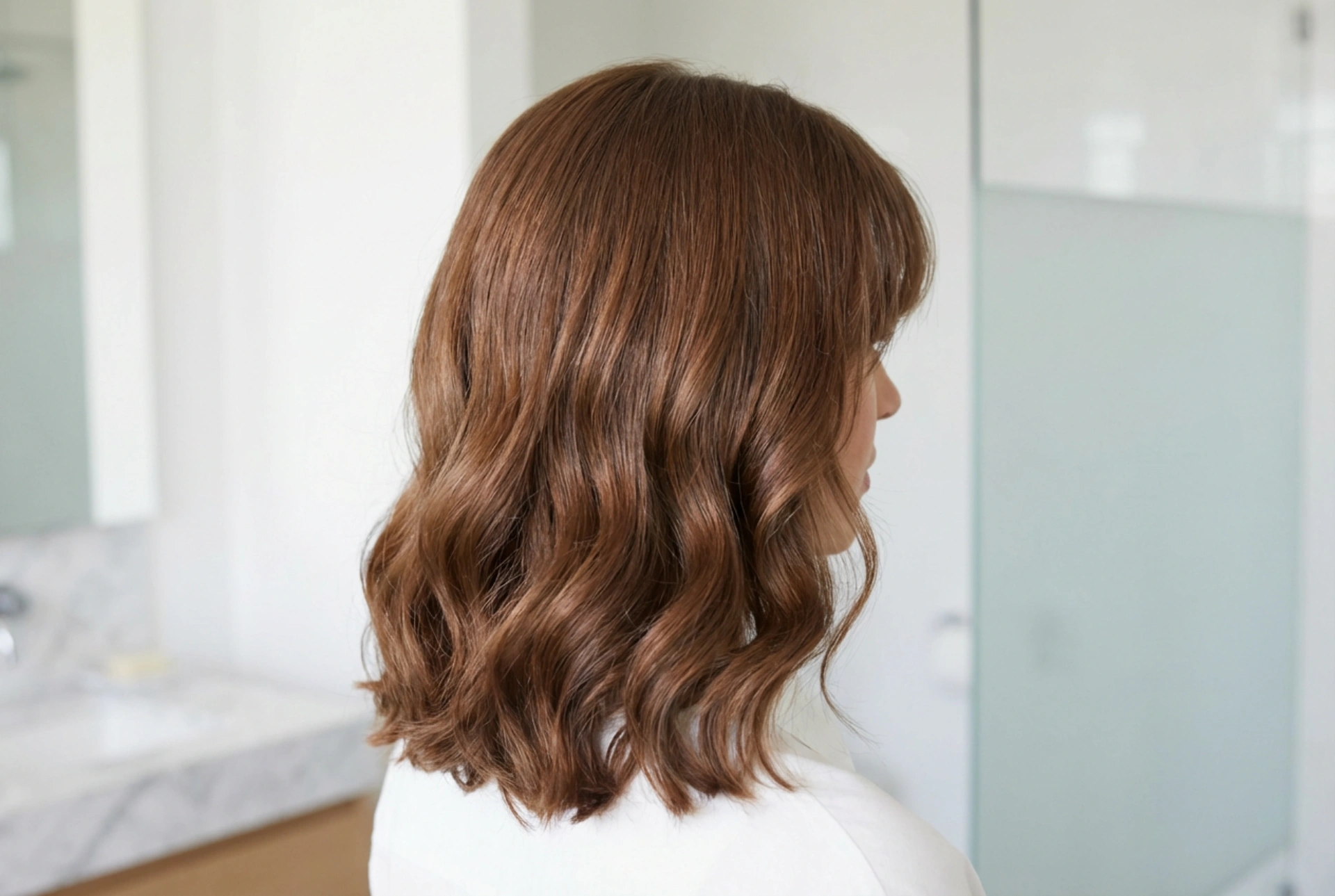 Cheveux mi-longs avec frange : volume et ondulations douces pour un style naturel