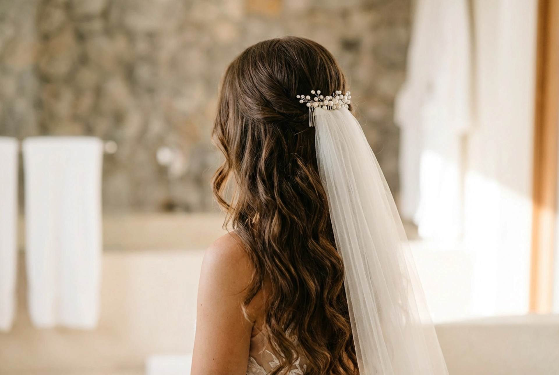 Coiffure de mariage pour cheveux longs : ondulations, demi-chignons et chignons
