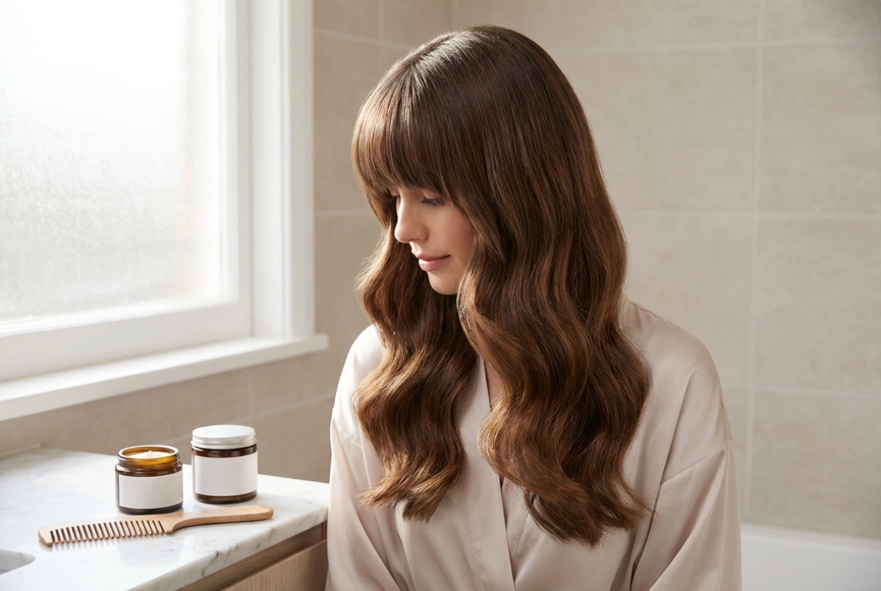Cheveux longs avec frange : ondulations, lissage et fixation