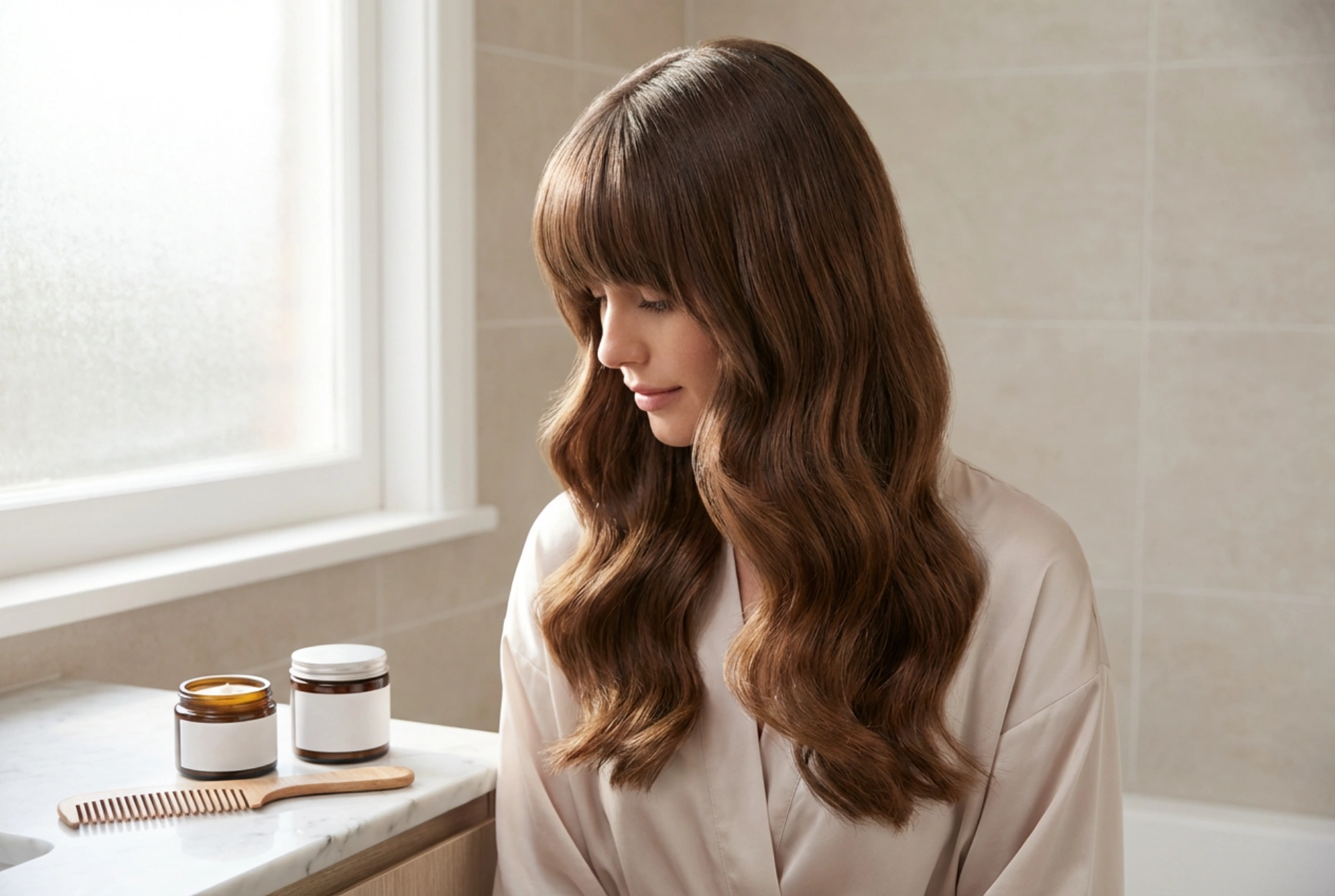 Cheveux longs avec frange : ondulations, lissage et fixation