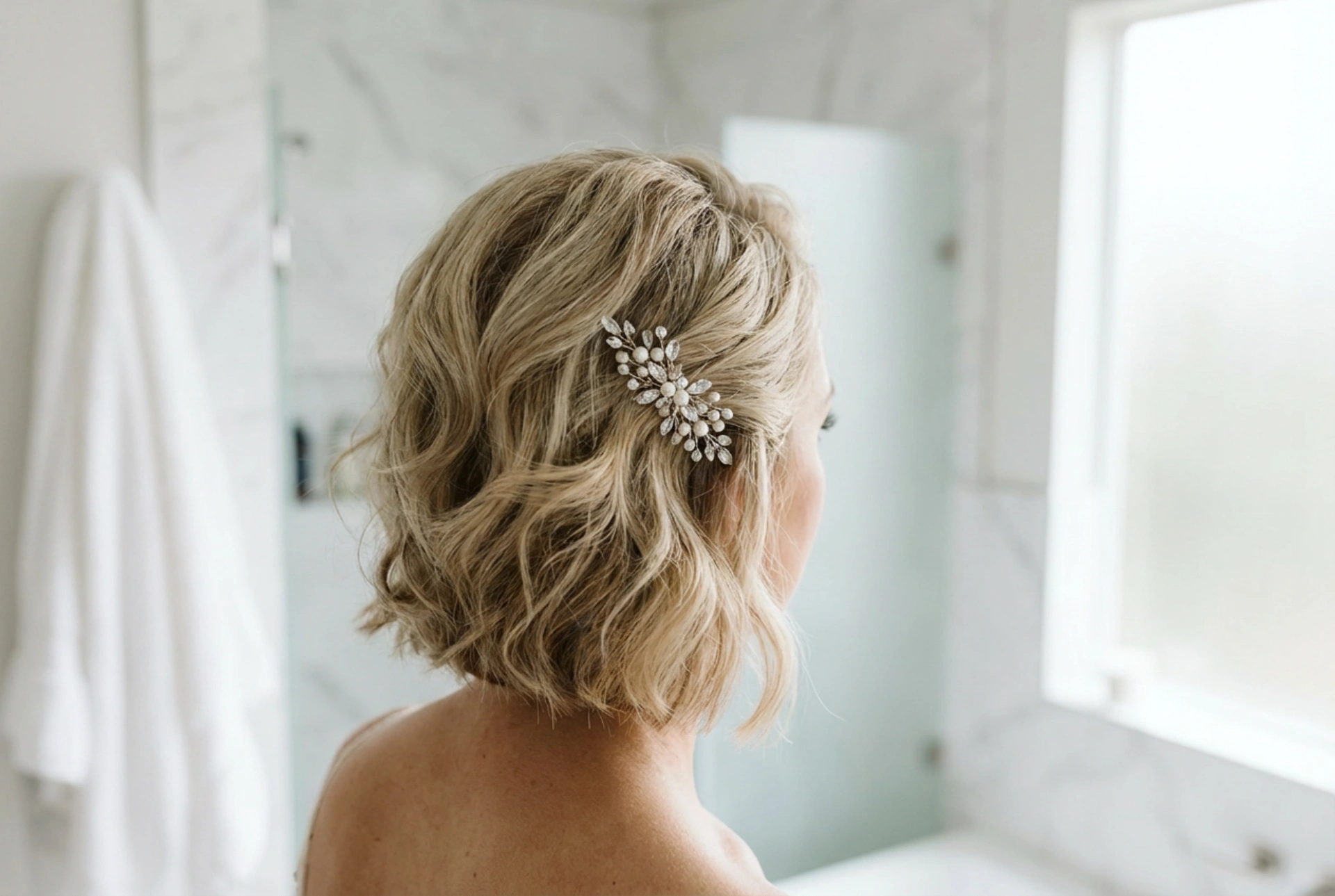 Coiffure de mariage pour cheveux courts : volume, accessoires et tenue
