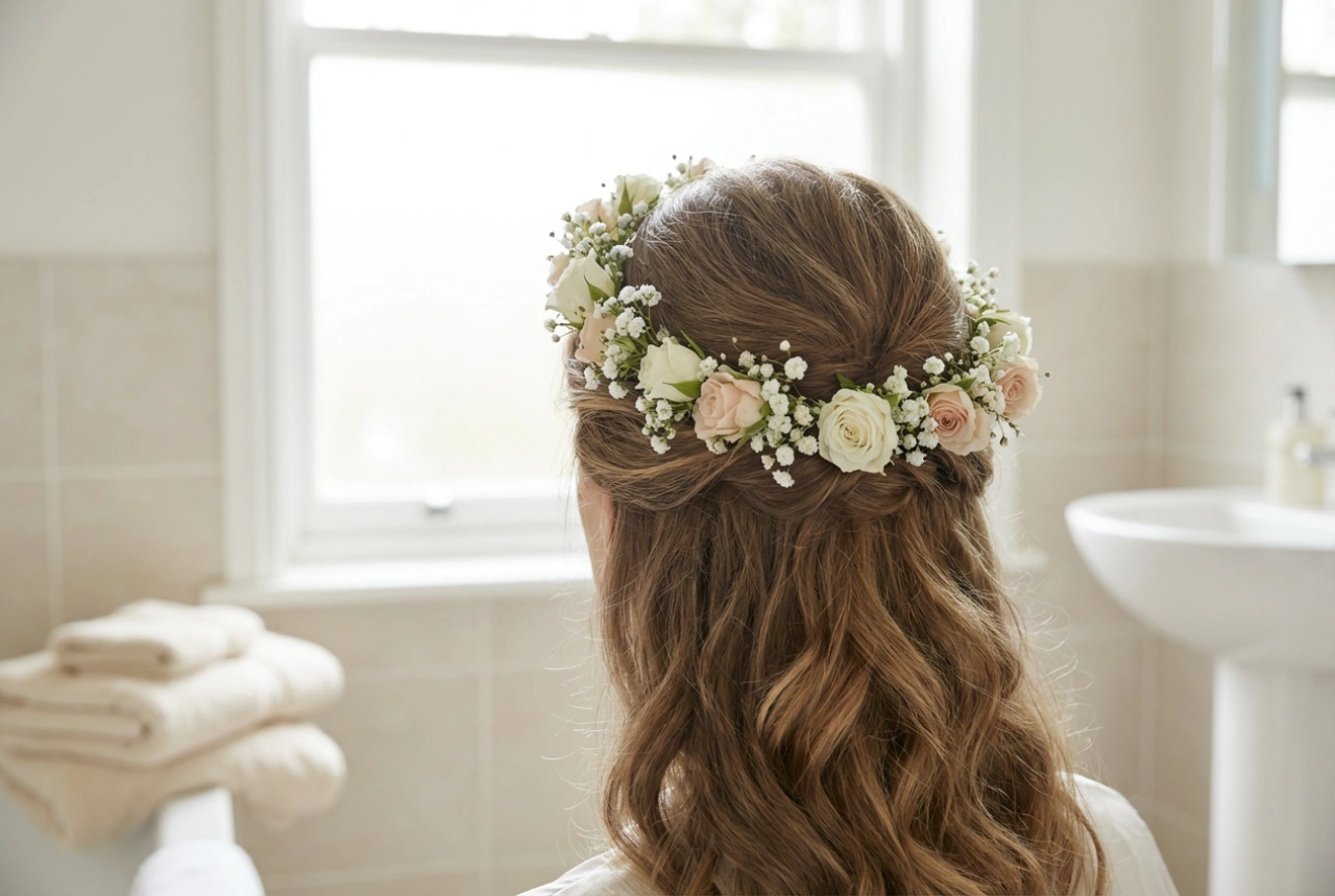 Couronne de fleurs et coiffures de mariée : ondulations, demi-attaches et conseils de tenue