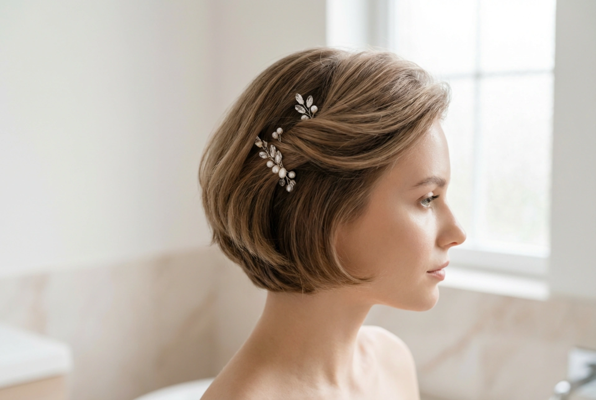 Coiffures de mariage pour cheveux courts : volume, barrettes, texture