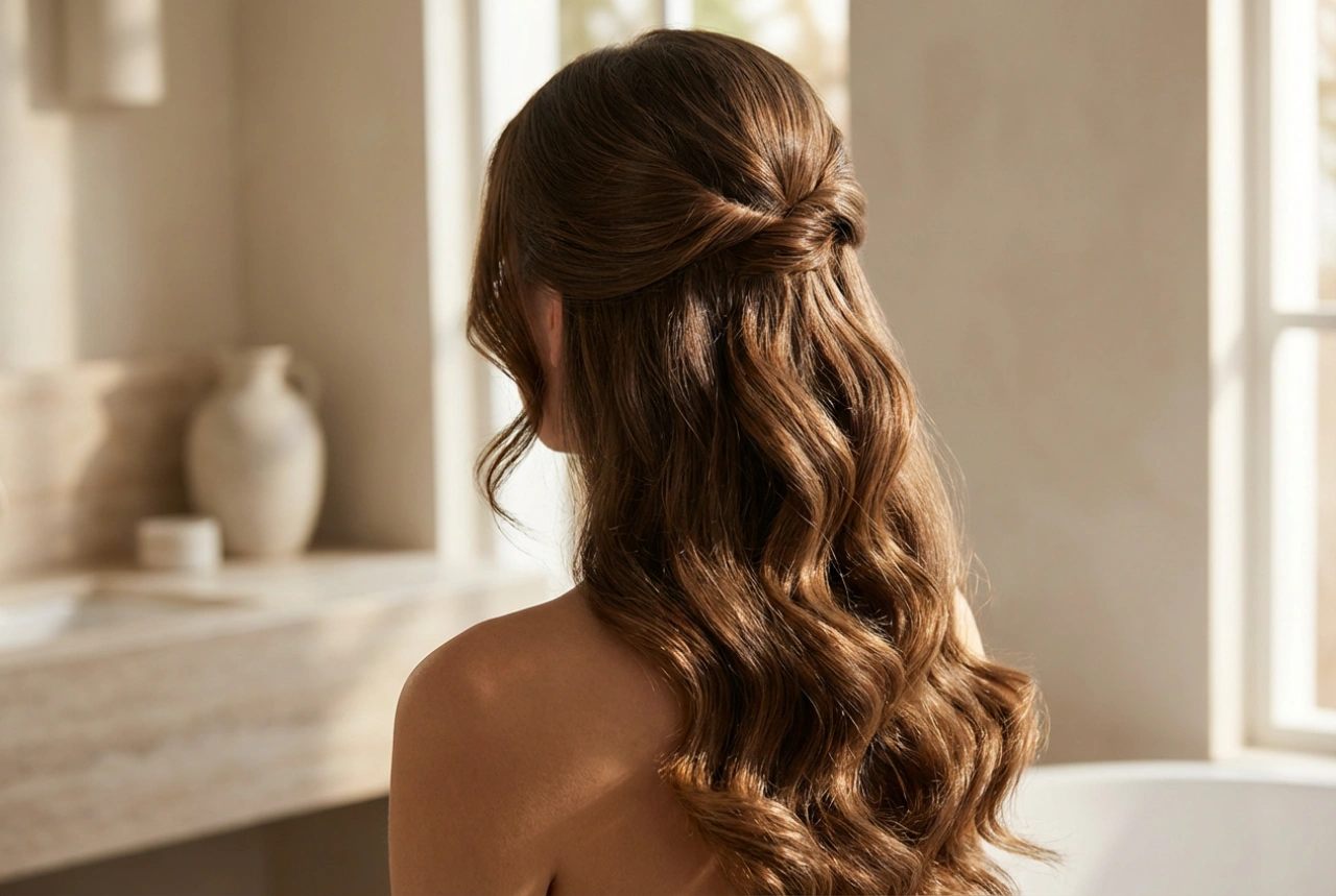 Coiffure élégante pour cheveux longs : ondulations, demi-attaches et queue de cheval chic
