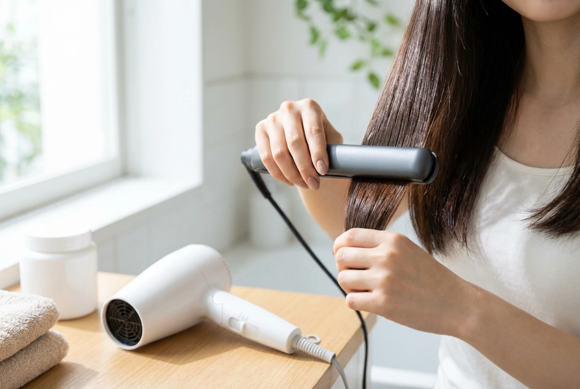 Sèche-cheveux et lisseur en duo : plan de coiffage pour une brillance saine