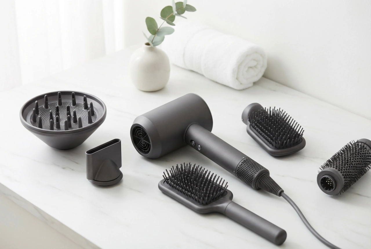 Sèche-cheveux avec embouts interchangeables : diffuseur, concentrateur et brosses en pratique