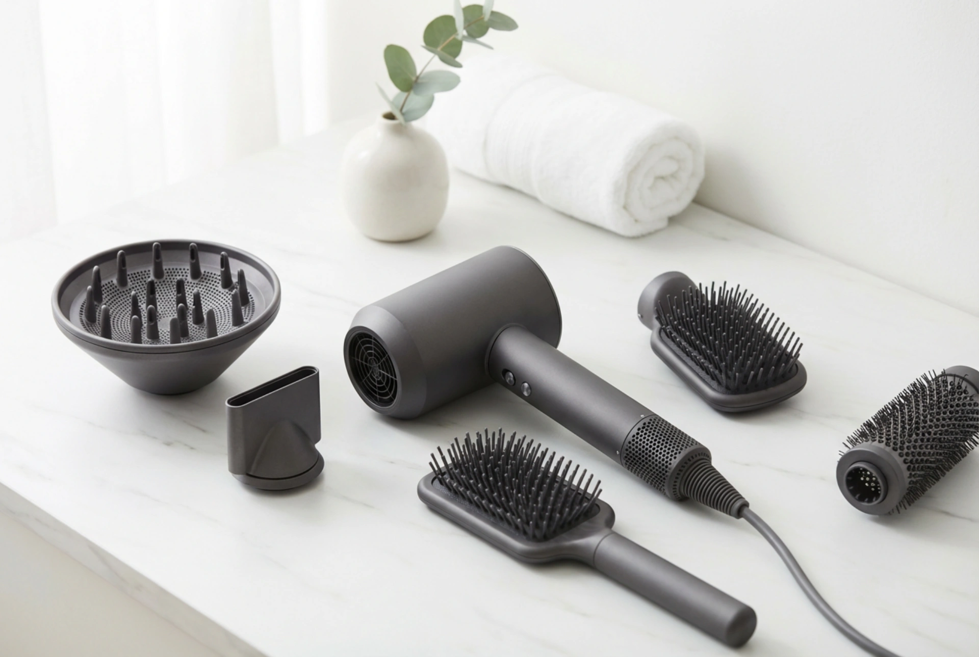 Sèche-cheveux avec embouts interchangeables : diffuseur, concentrateur et brosses en pratique