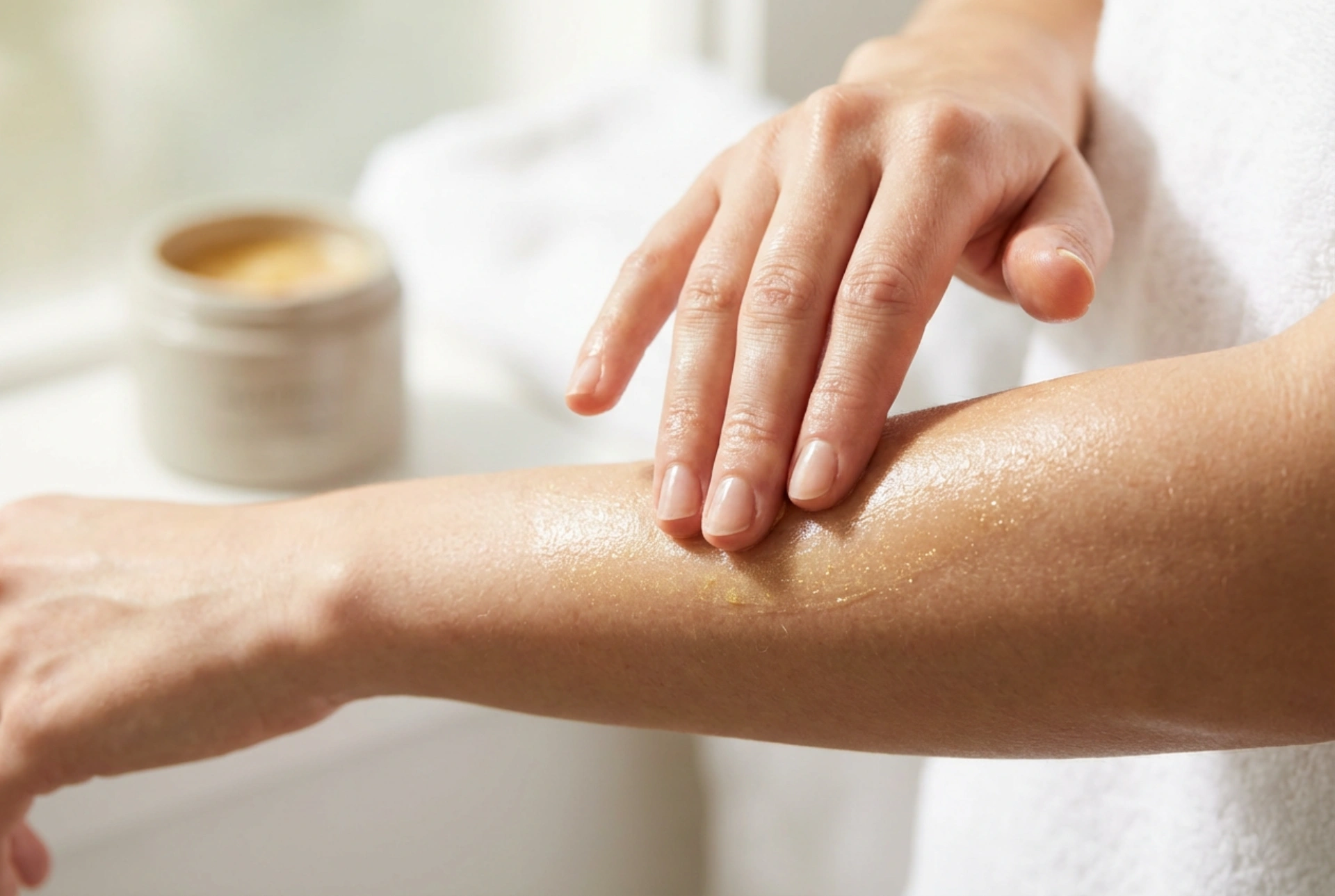 Les particules d'or dans les soins : baume pour le corps aux reflets dorés et application uniforme