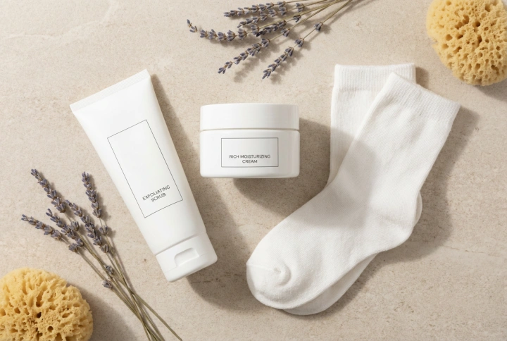 Routine quotidienne pour les talons fendillés : gommage, crème et chaussettes