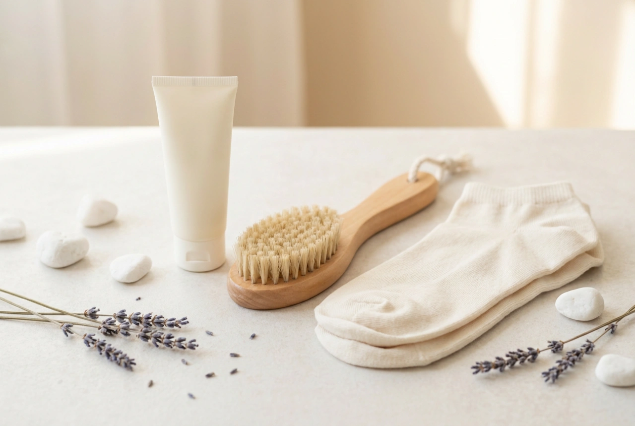 Soins des talons fendillés : la routine gommage, crème et chaussettes