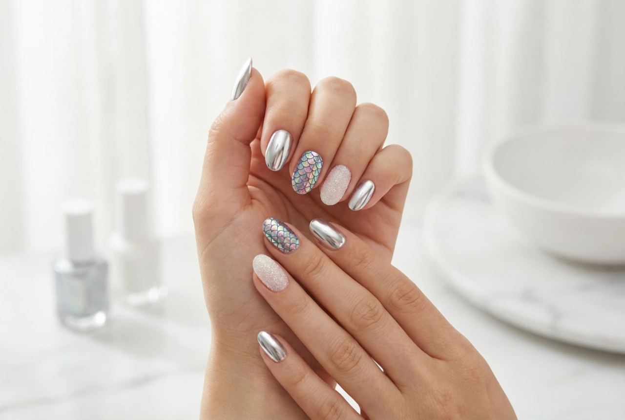 Ongles avec poudre : application de l'effet miroir, sirène et sucre