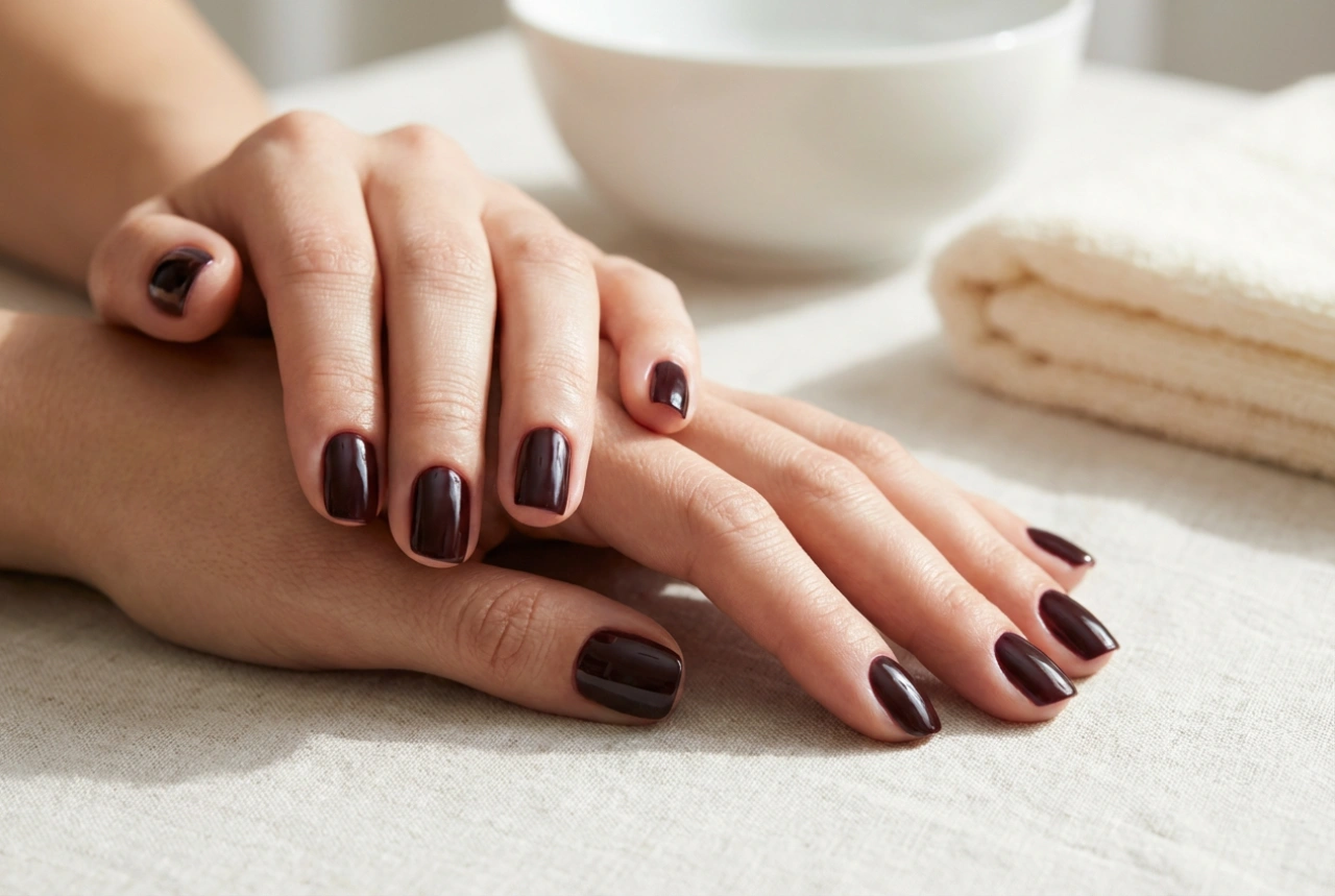 Manucure semi-permanente foncée : lignes nettes près des cuticules et profondeur de couleur