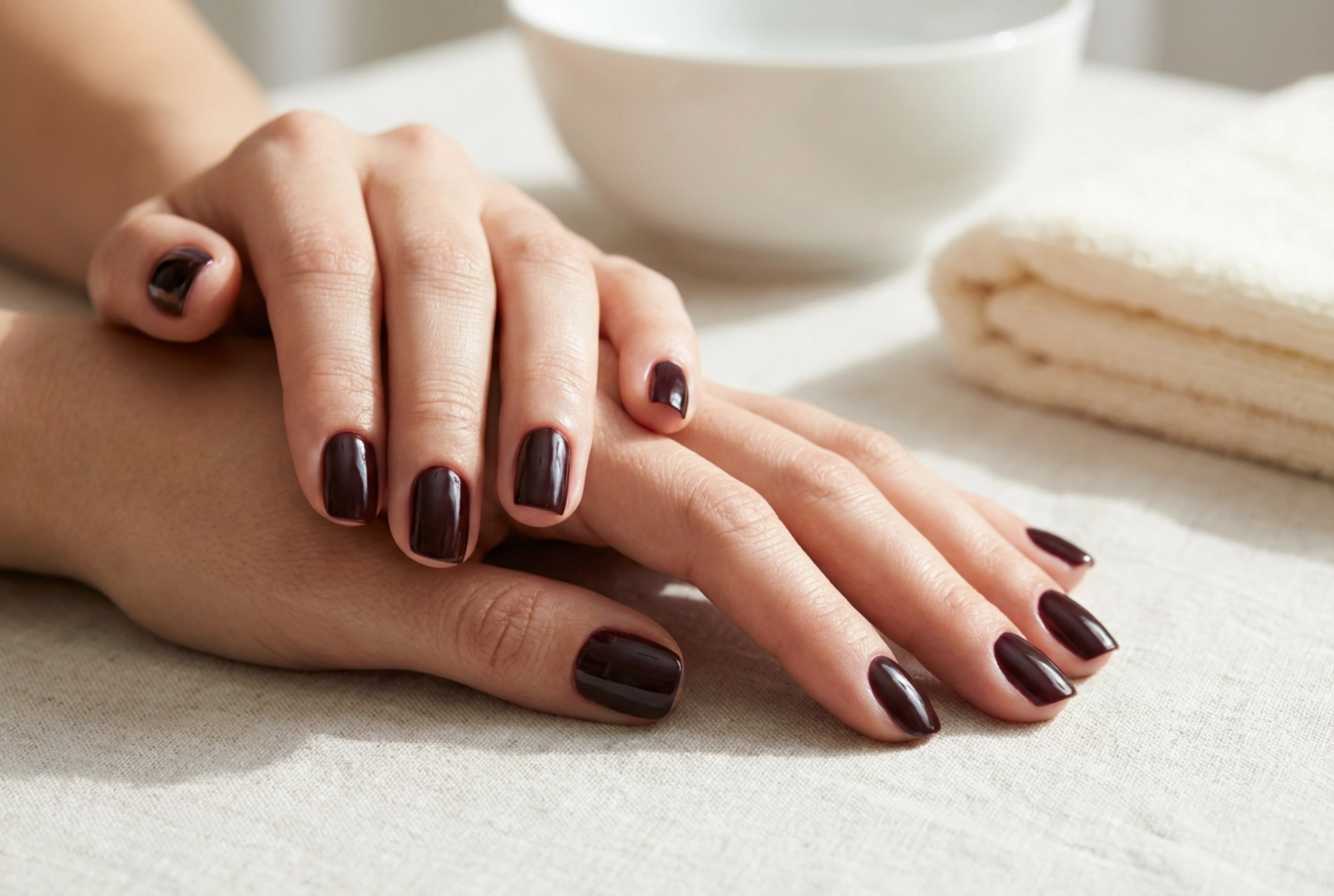 Manucure semi-permanente foncée : lignes nettes près des cuticules et profondeur de couleur