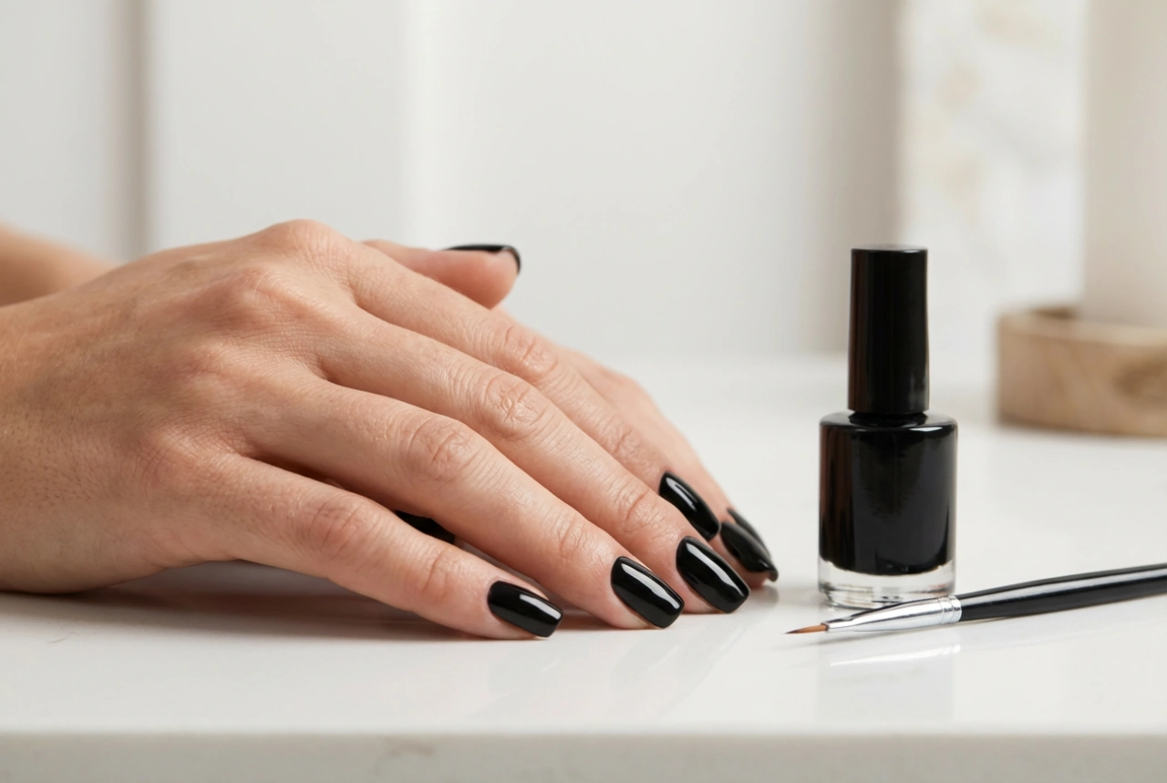 Manucure hybride noire : application parfaite sans inonder les cuticules